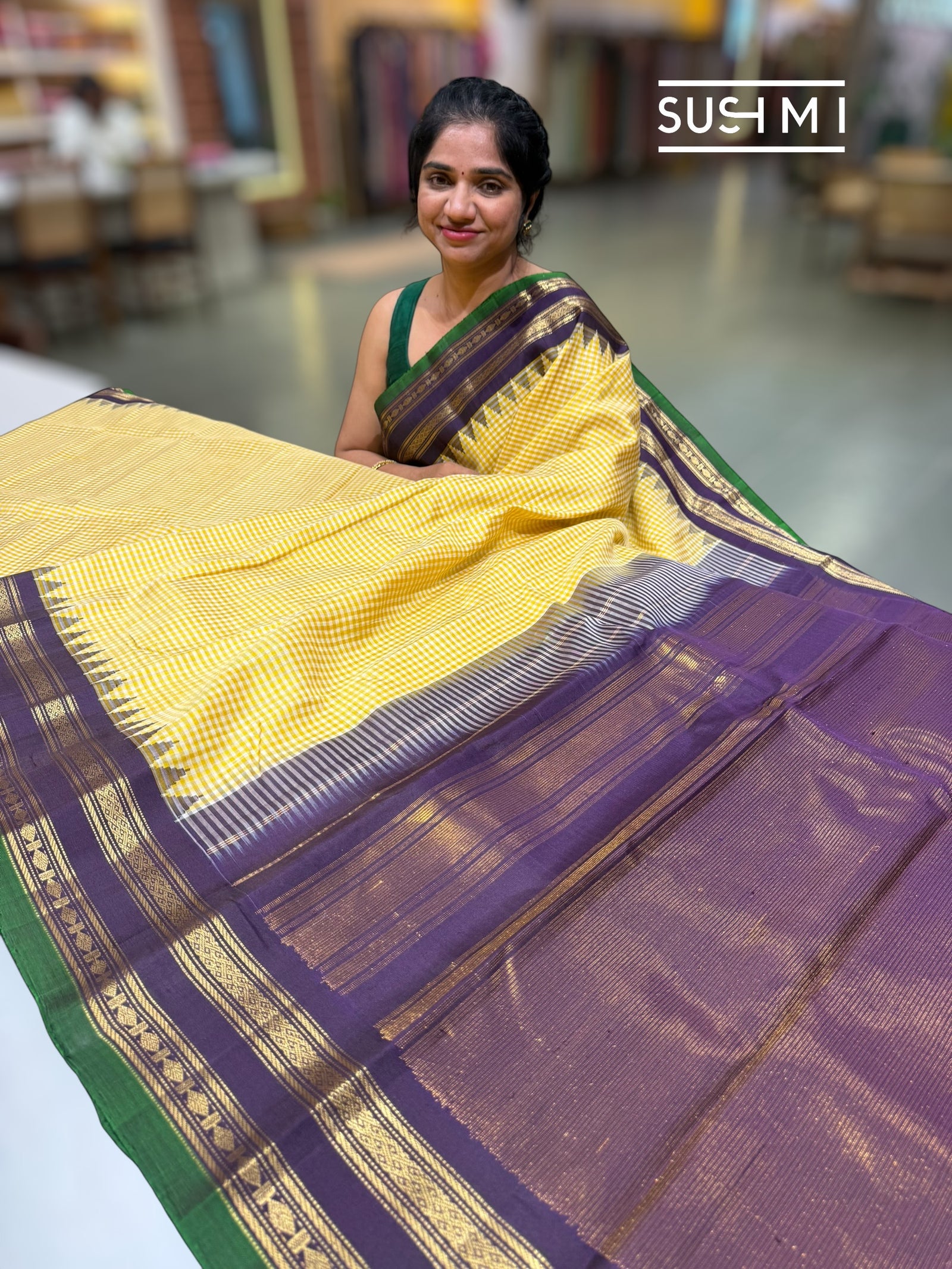 Ivory & lemon yellow vintage checks jute Gadwal Silk Saree : S62F217