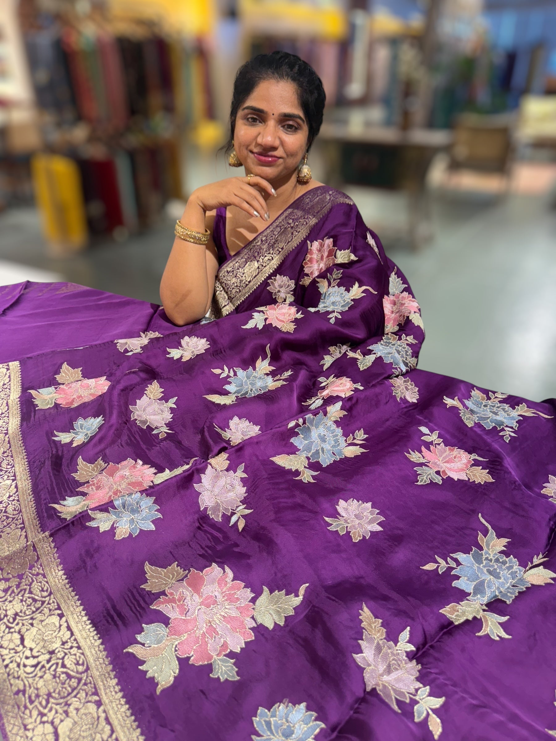 Wine Mashru Satin Saree with Allover Floral embroidery