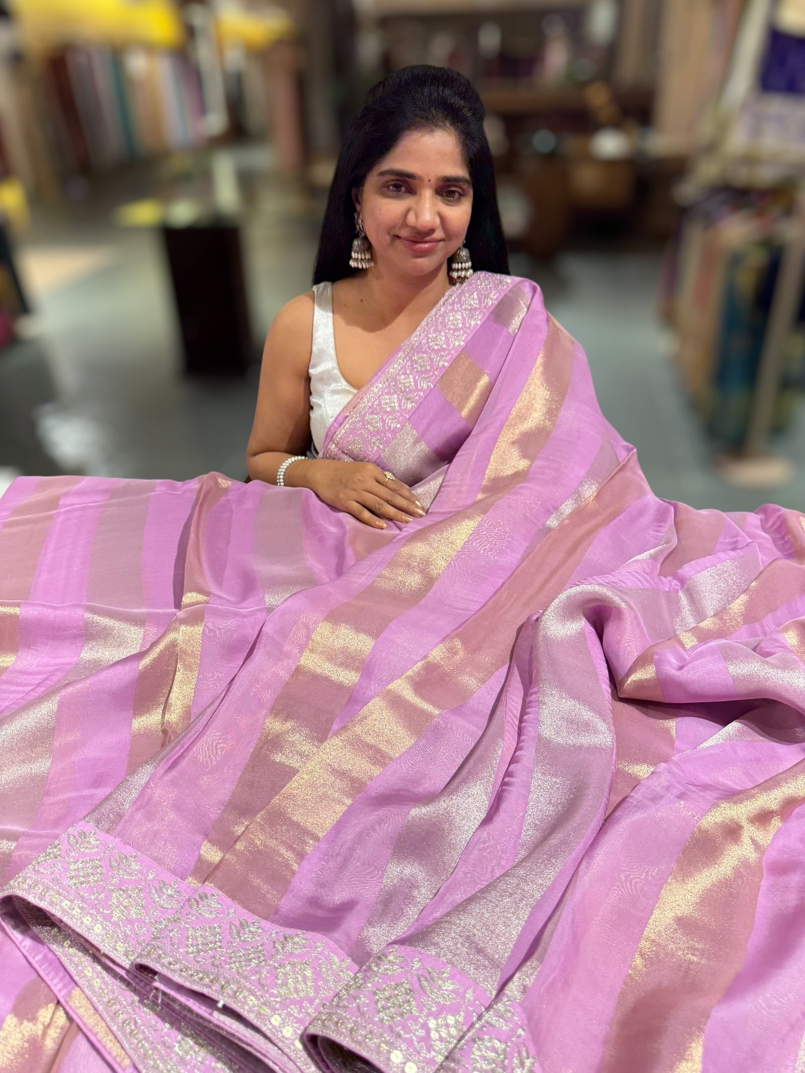 Lilac Pink kora tissue stripes saree