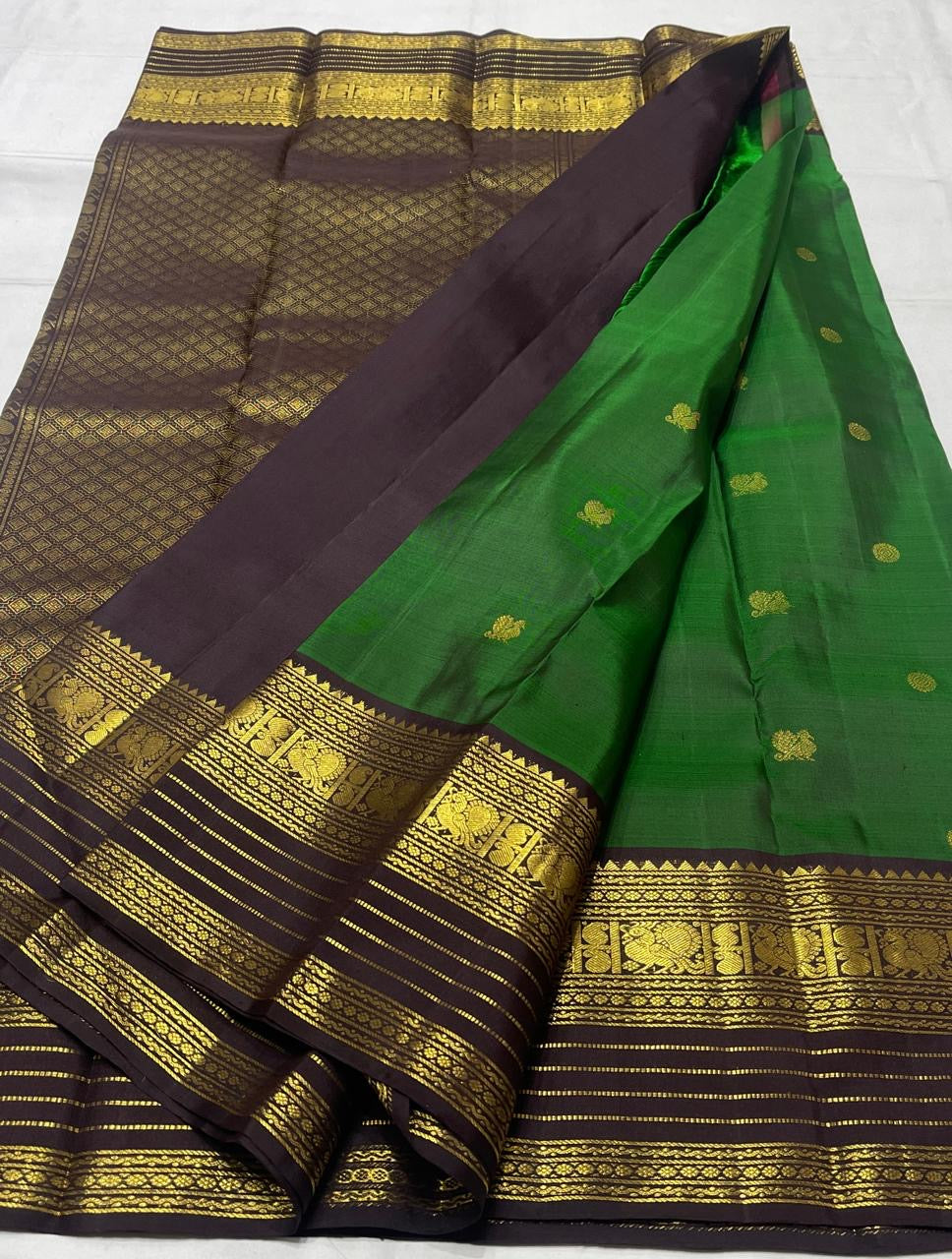 Emerald Green & Coffee Brown Combo Vaira Oosi Checks Kanjeevaram Saree
