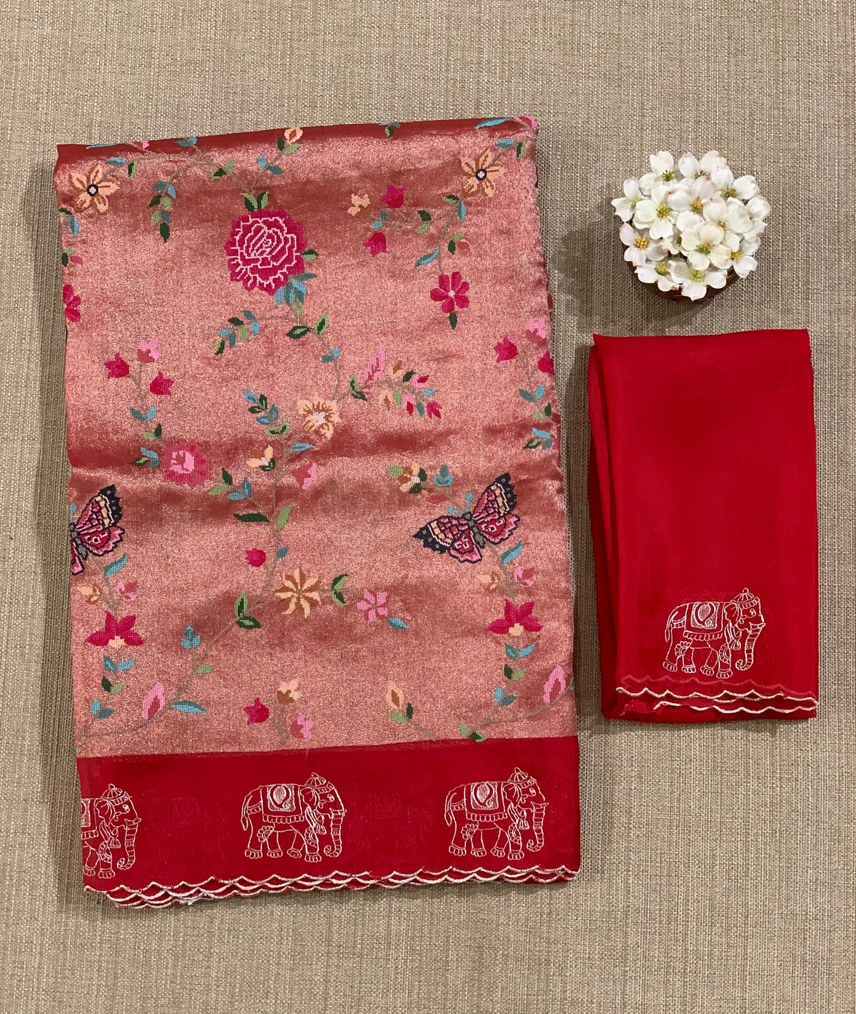 Red Premium Handloom Designer Tissue saree with exquisite embroidery