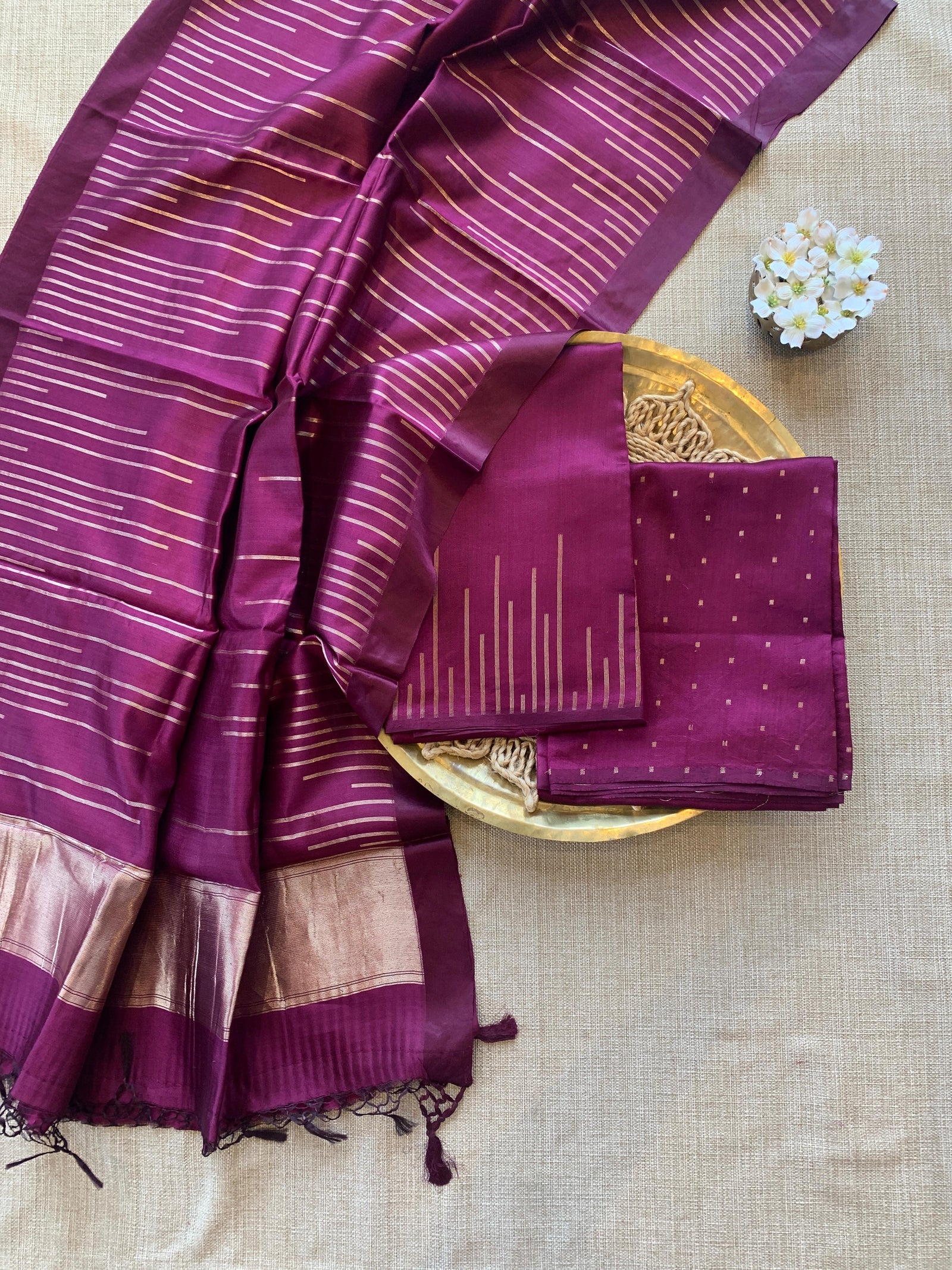 Wine Banarasi Handloom Chiniya Silk 3-pc Suit Set