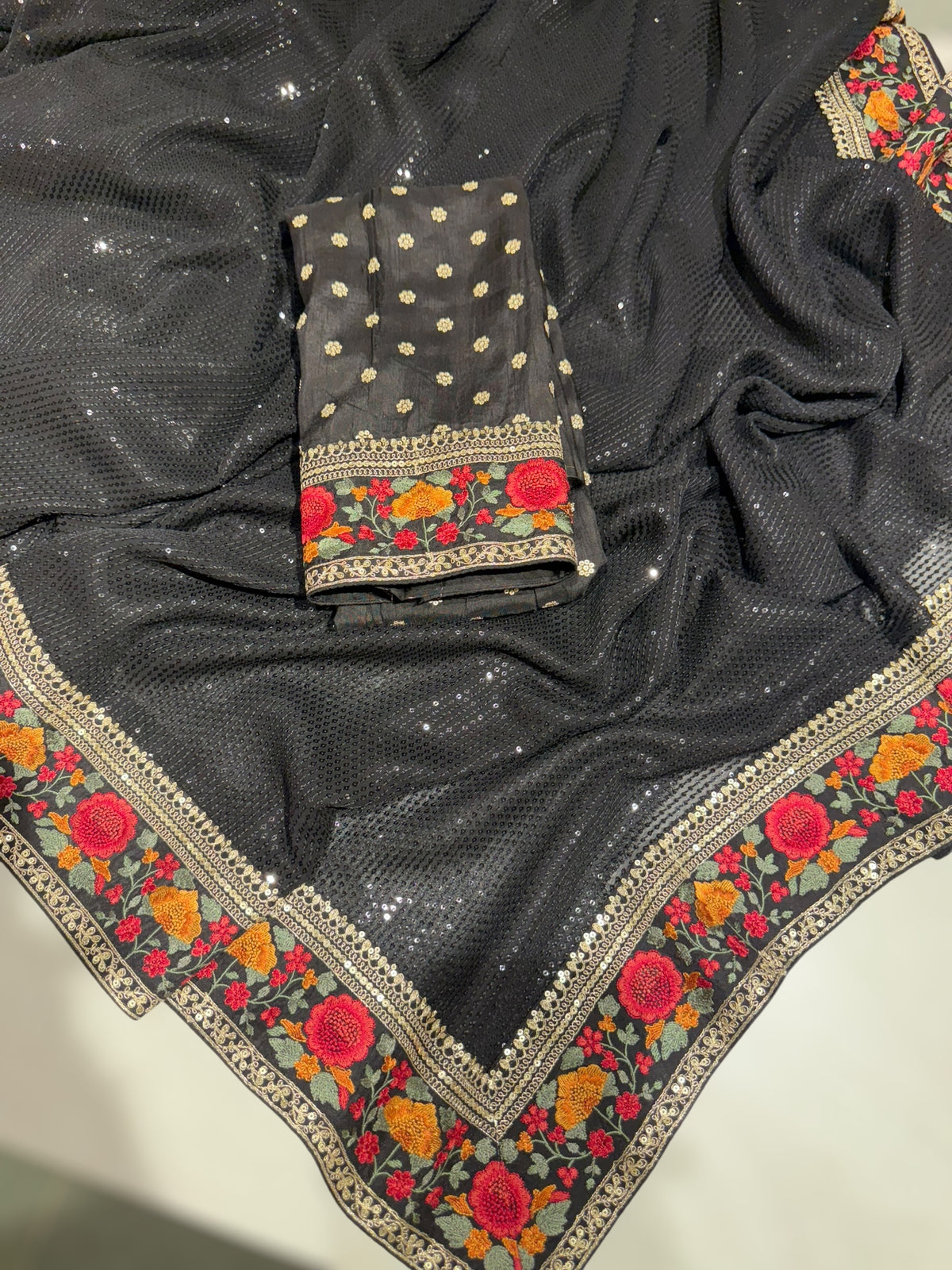 Black Georgette sequnce Saree with Sabyasachi borders and Blouse