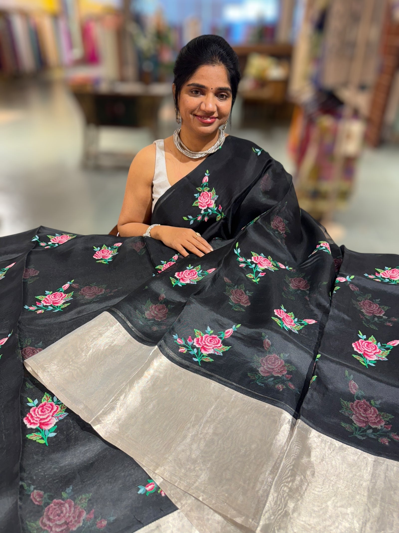 Black Pure Organza Saree with pure Tissue Border