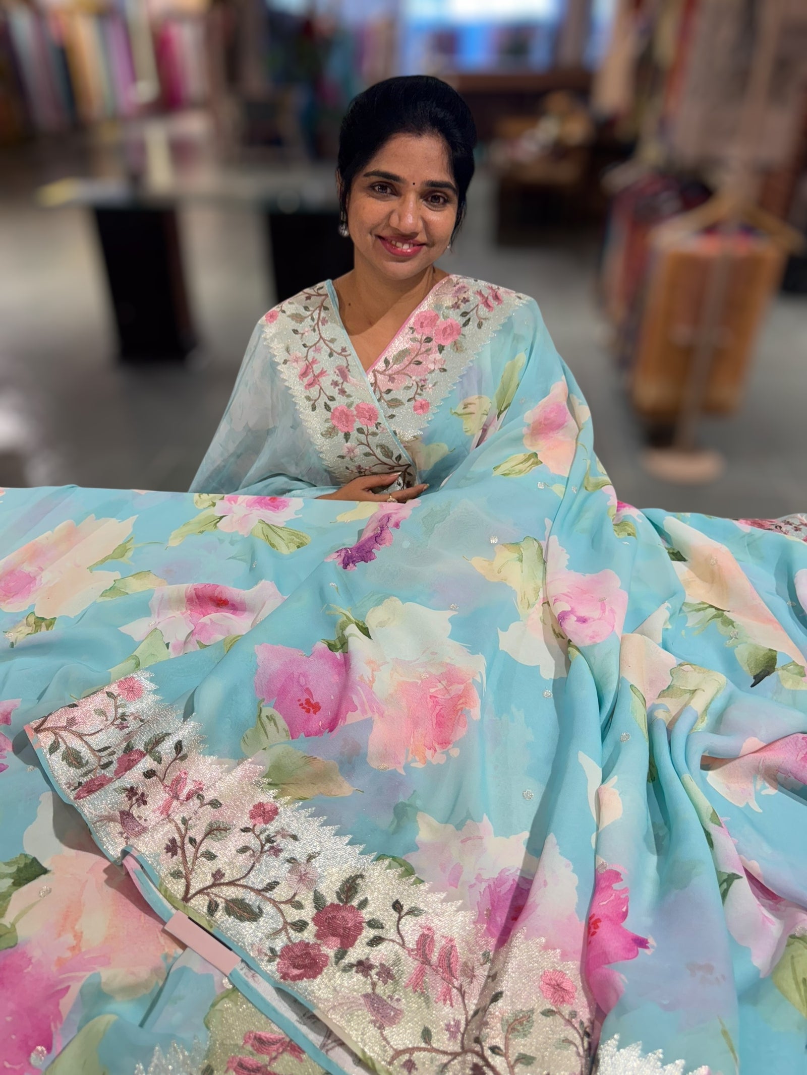 Pastel Blue  Printed georgette Saree With Tissue Embroidered Border