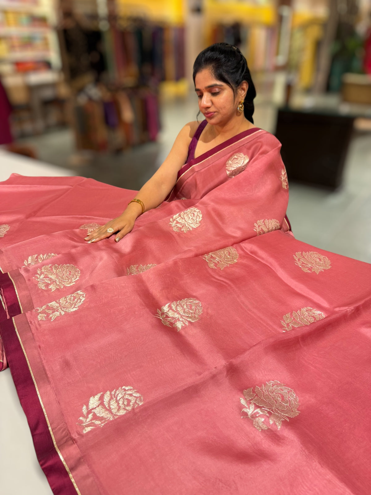 Onion Pink Pure Organza with embroidery