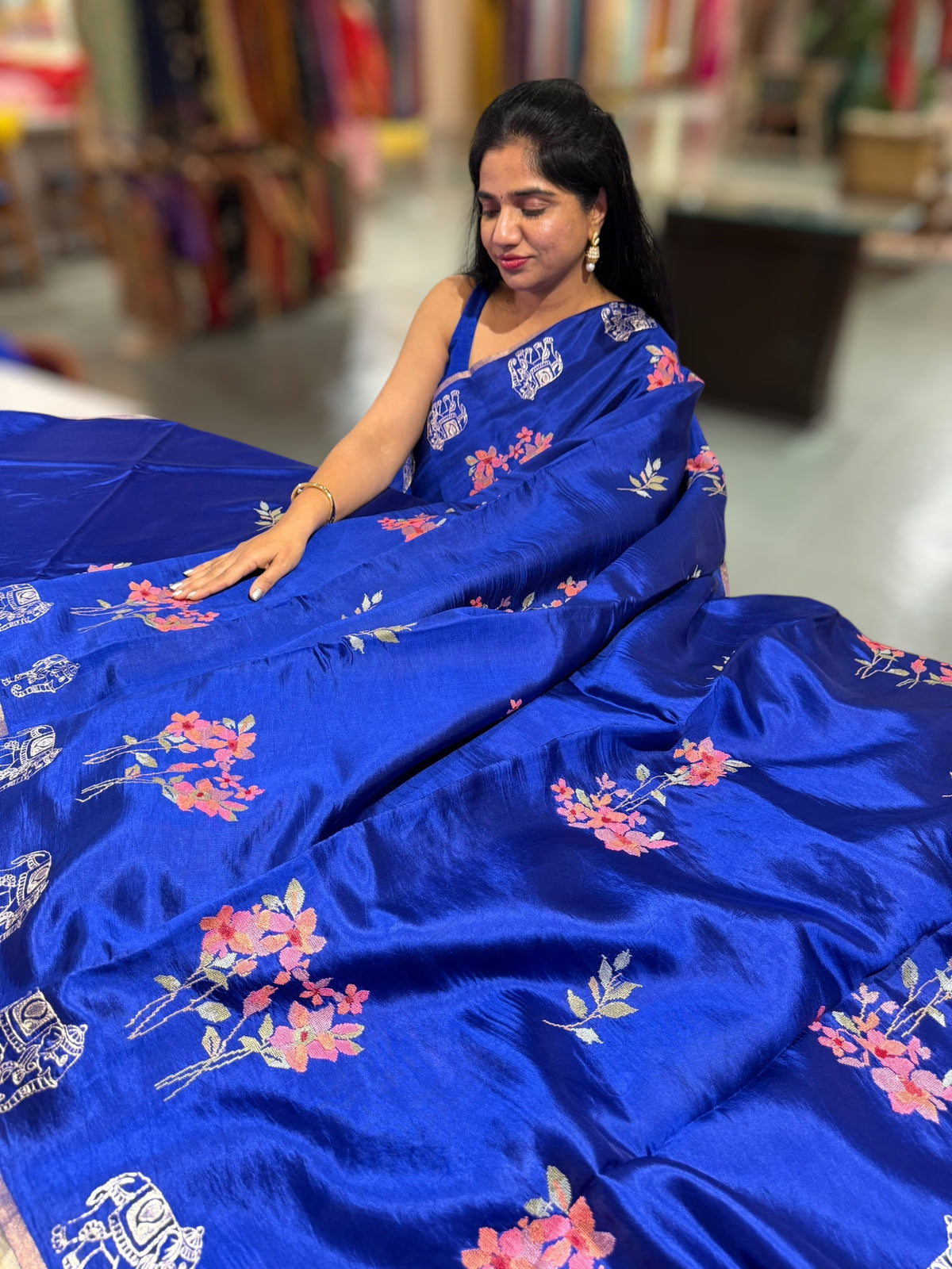 Electric Blue Banarasi Silk Saree with petite point & Pita embroidery