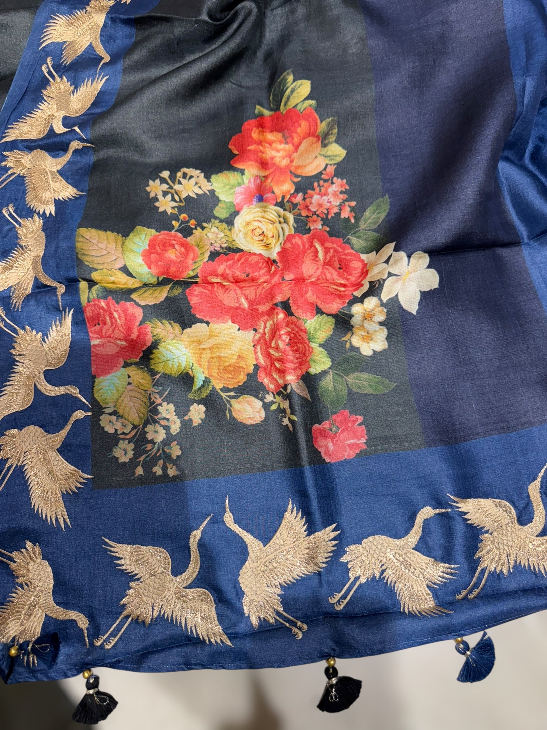 Tussar Rangkaat Saree With Crane Bird  Embroidered Border