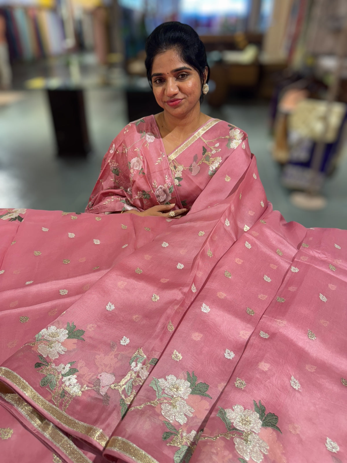 Onion Pink Pure Organza with jamdani inspired embroidery