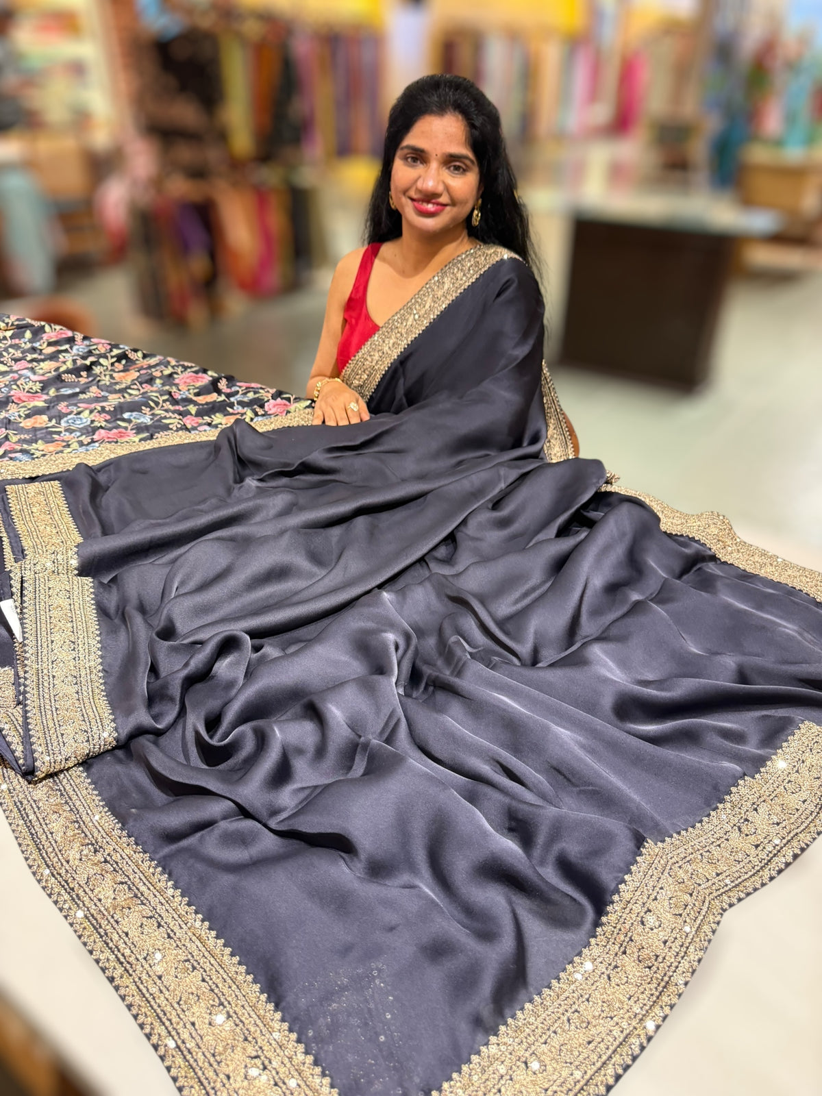 Midnight Blue Pure Satin Saree with Sabhyasachi Borders