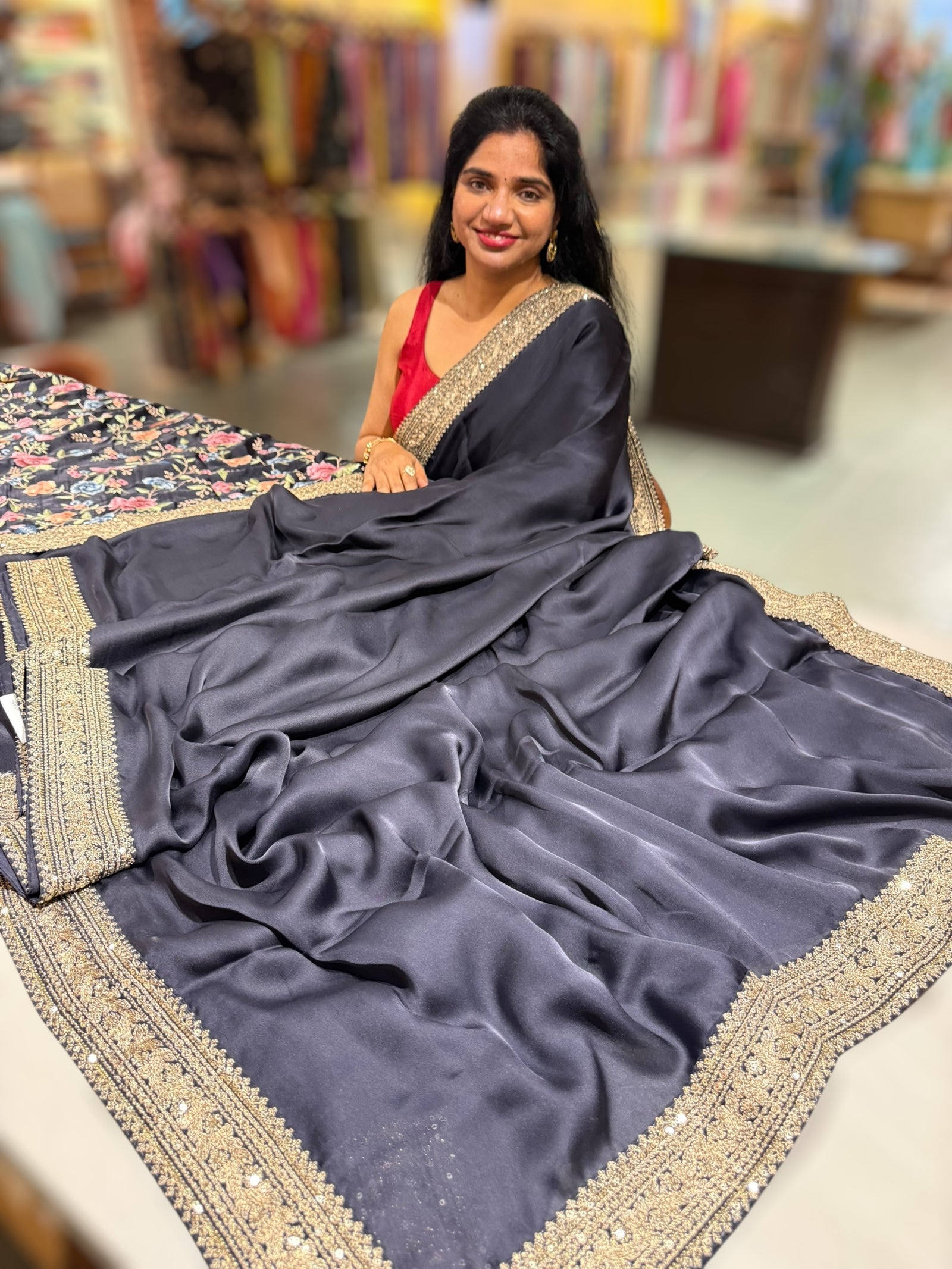 Midnight Blue Pure Satin Saree with Sabhyasachi Borders