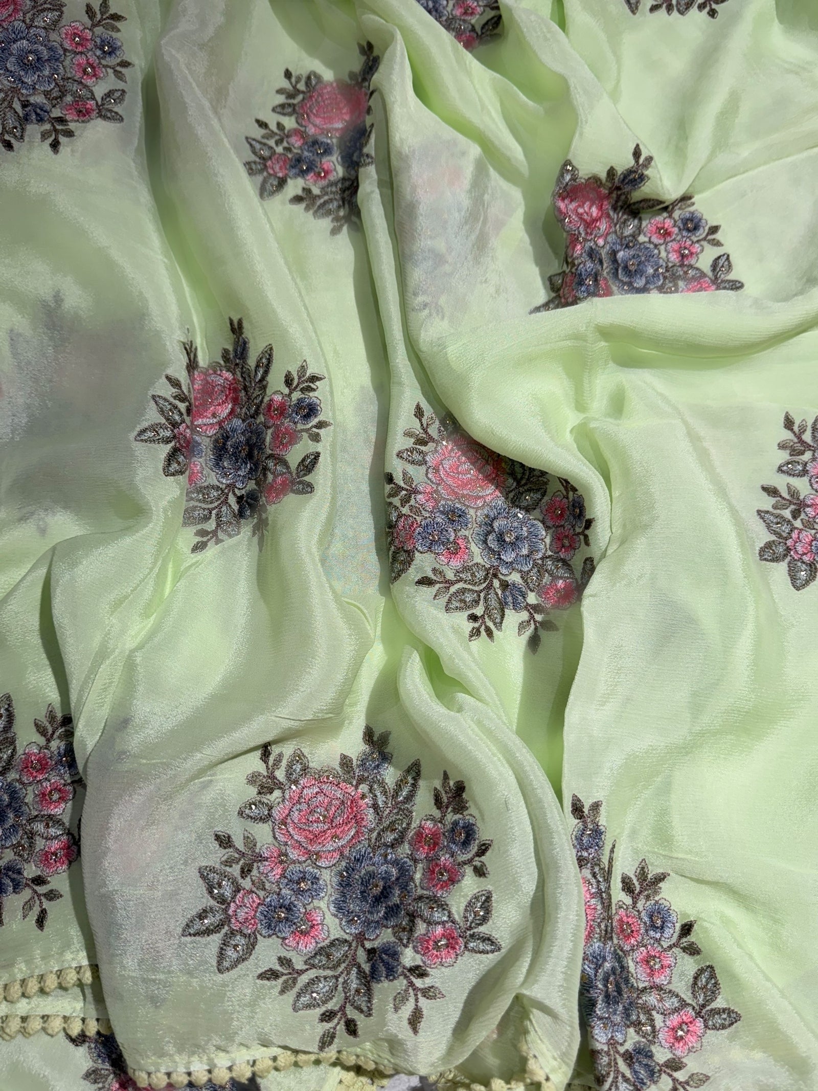 Apple Green chinnon with embroidery