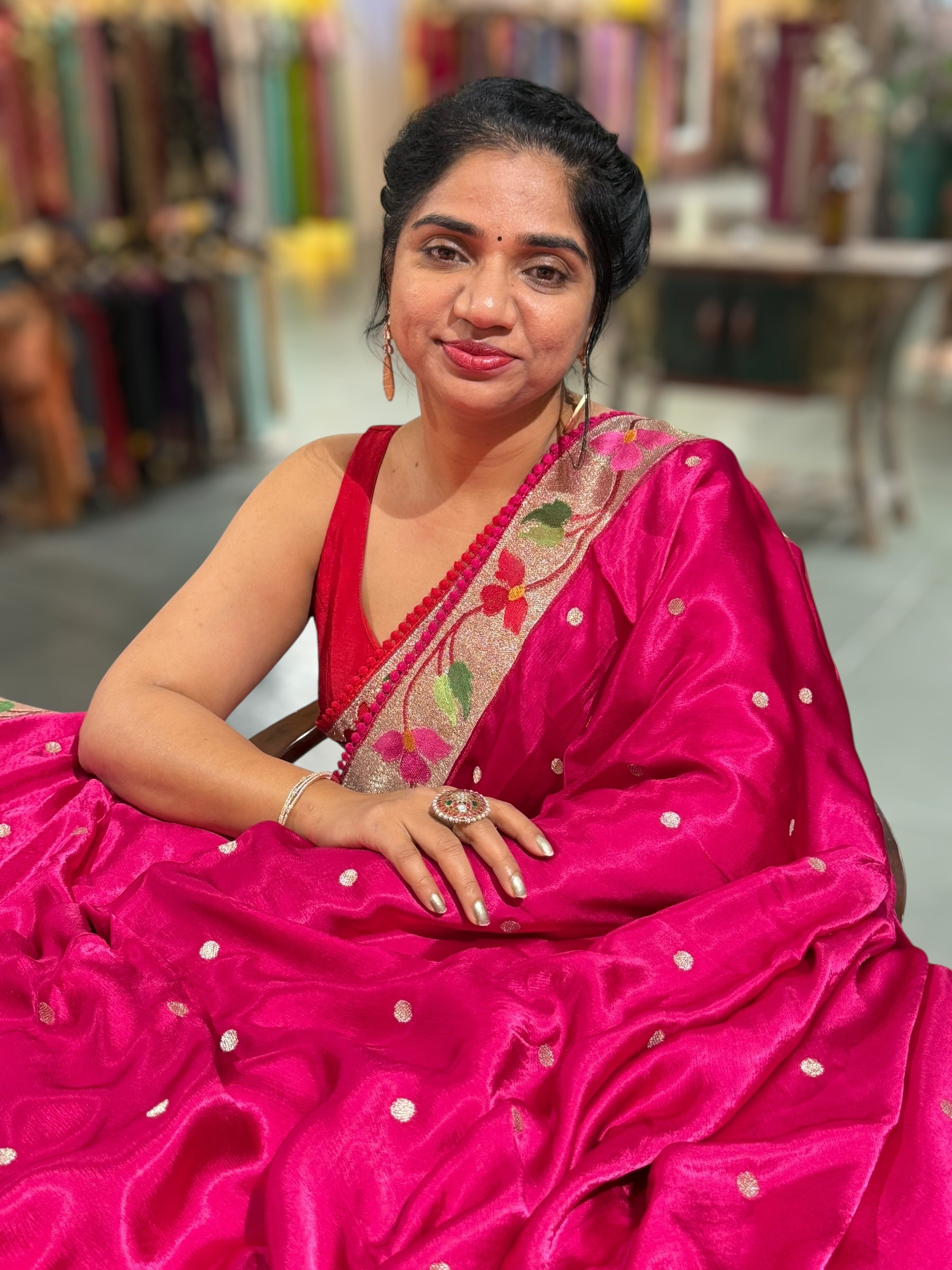 Dark Pink Satin Saree with Paithani Embroidered Border