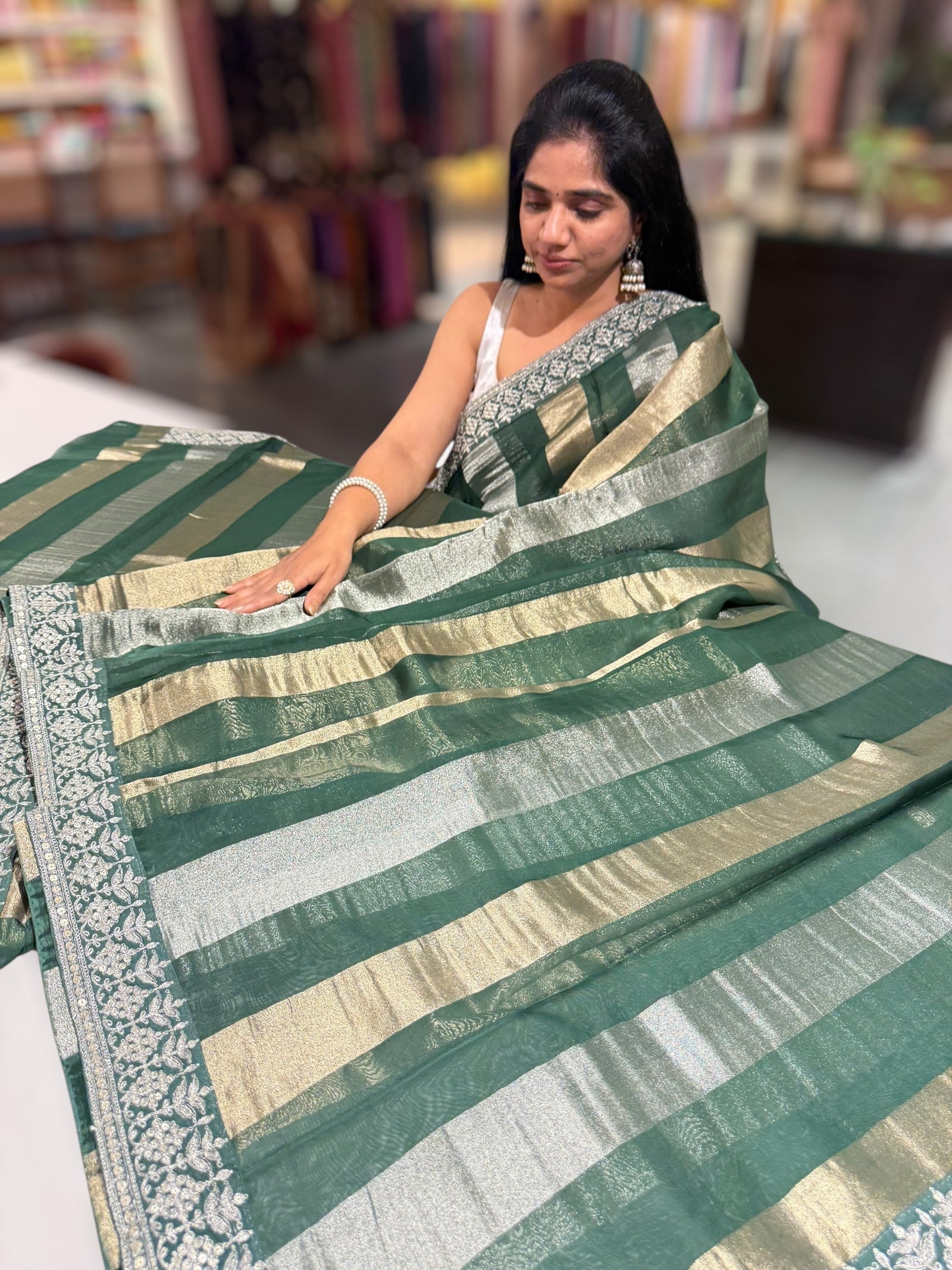 Forest Green kora tissue stripes saree