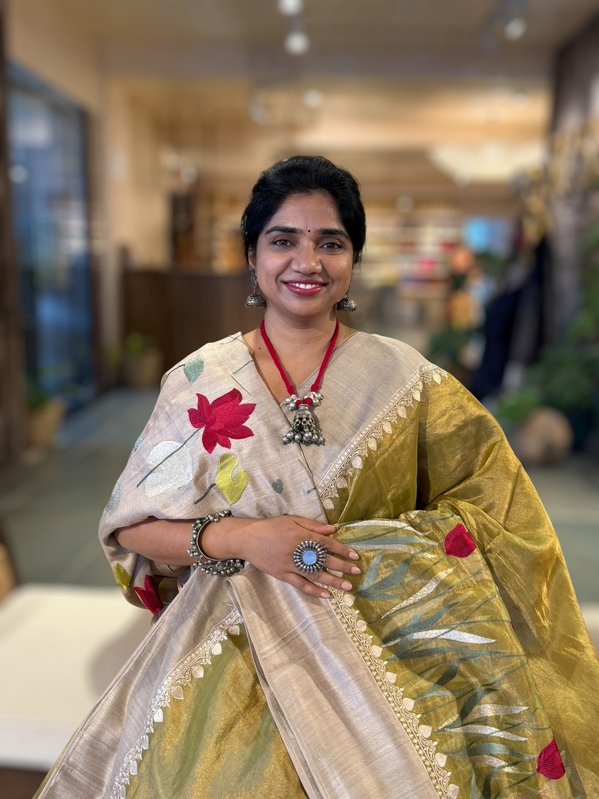 Lime Green Designer Handloom Tissue Saree With Tulip embroidery