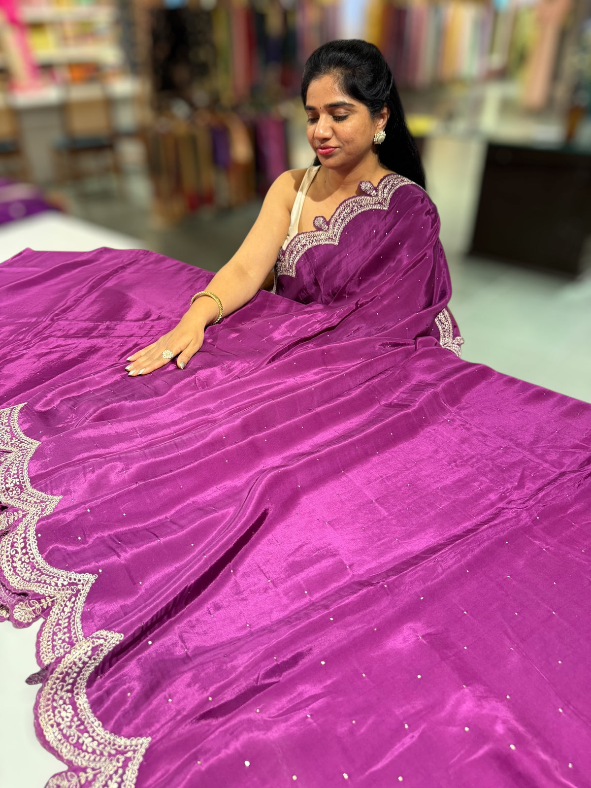 Wine crepe silk saree with scalloped pita border