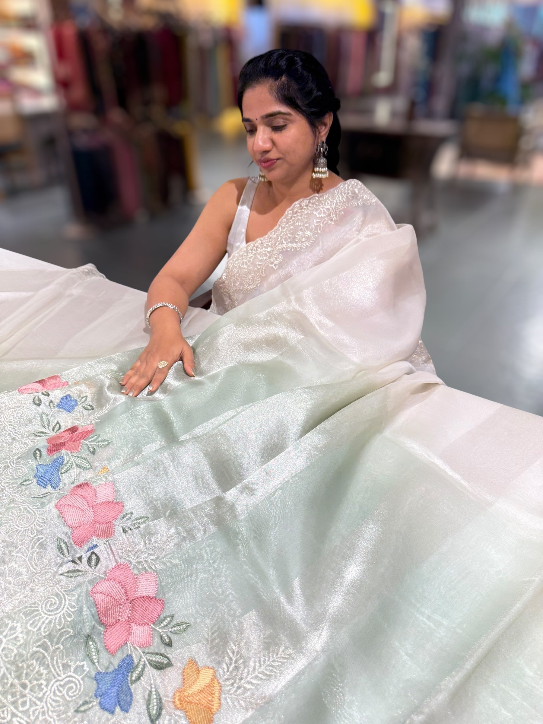Mint & Silver Ombre dyed Tissue Saree with Cutwork embroidered Borders