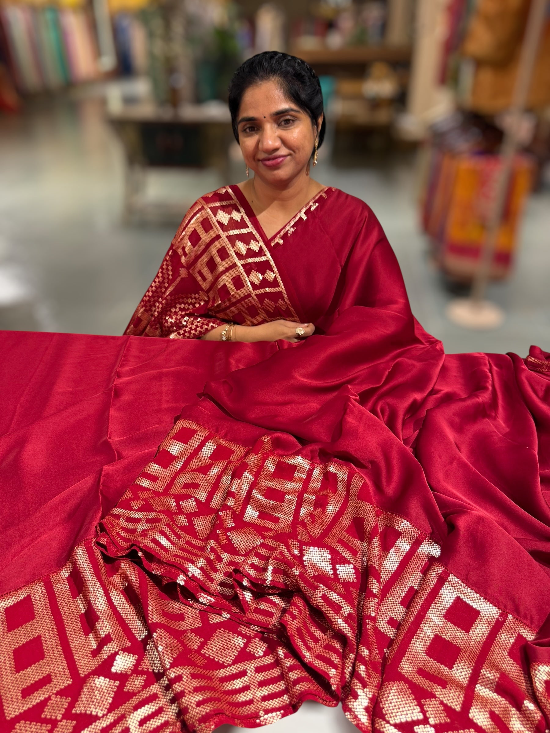 Meroonish Red pure Satin Saree with designer sequence border and blouse