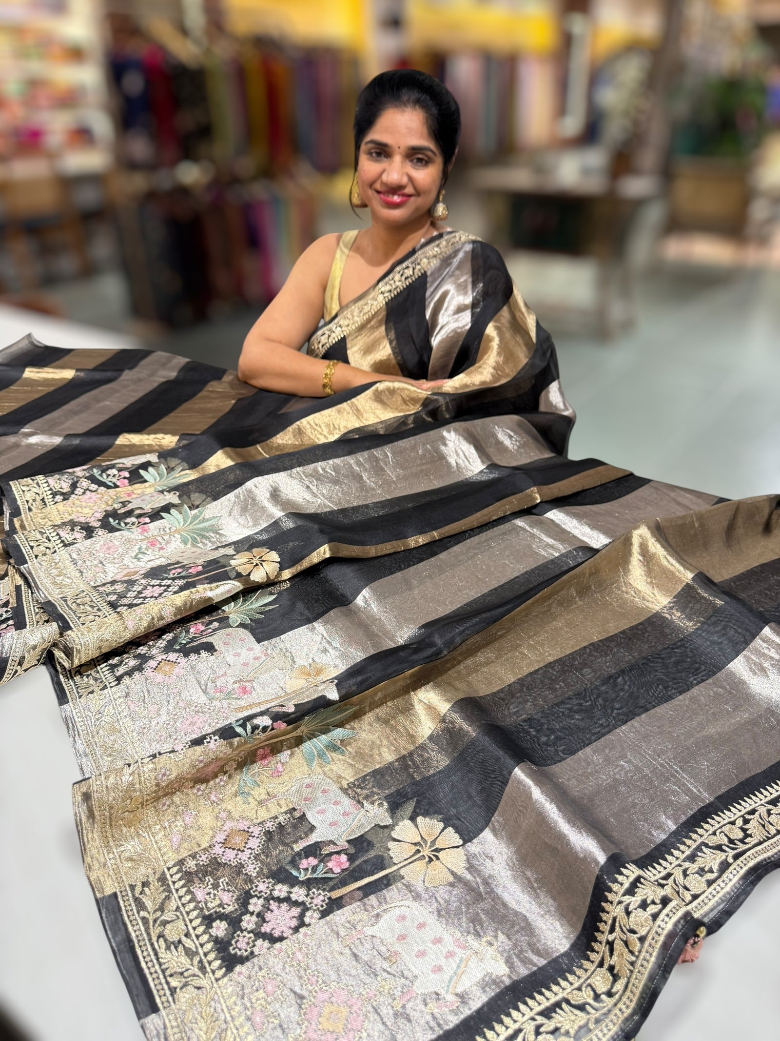 Black Kora Tissue Stripes Saree With Jamdani  & Pichwai embroidered Border
