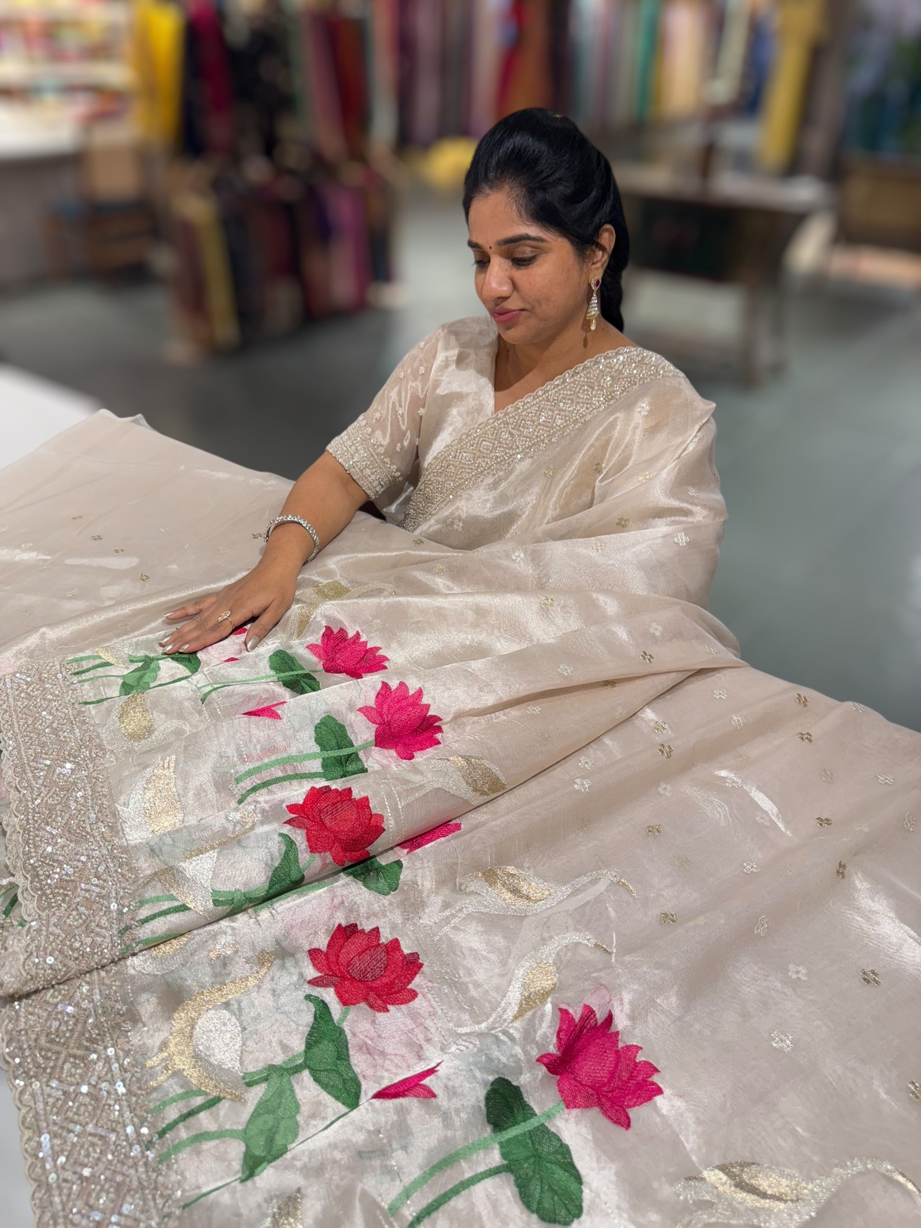 Silver Tissue Designer Saree with heavy handwork and embroidery