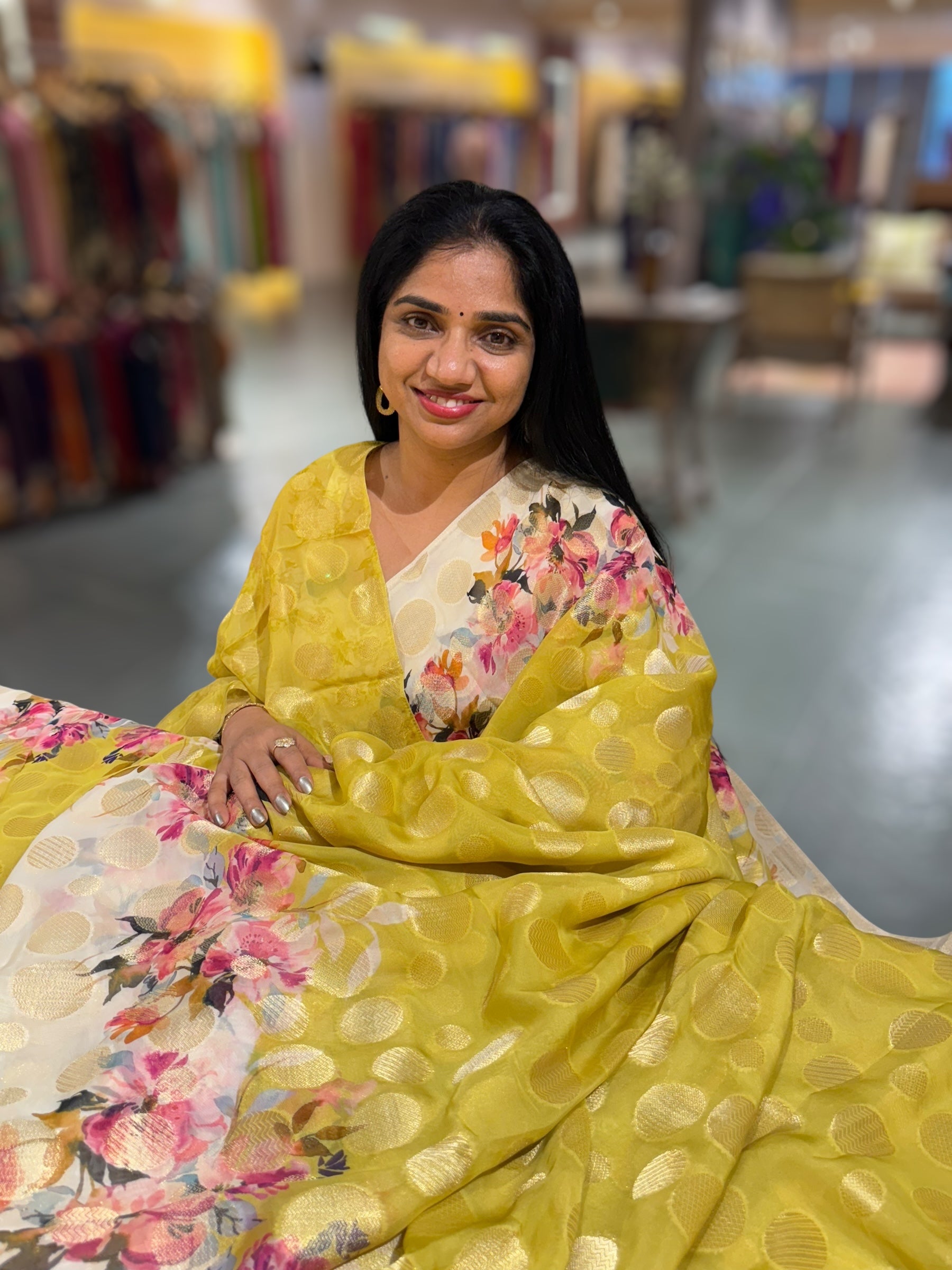 Lemon Green Banarasi Kora Gorgette Polka dot Printed Saree