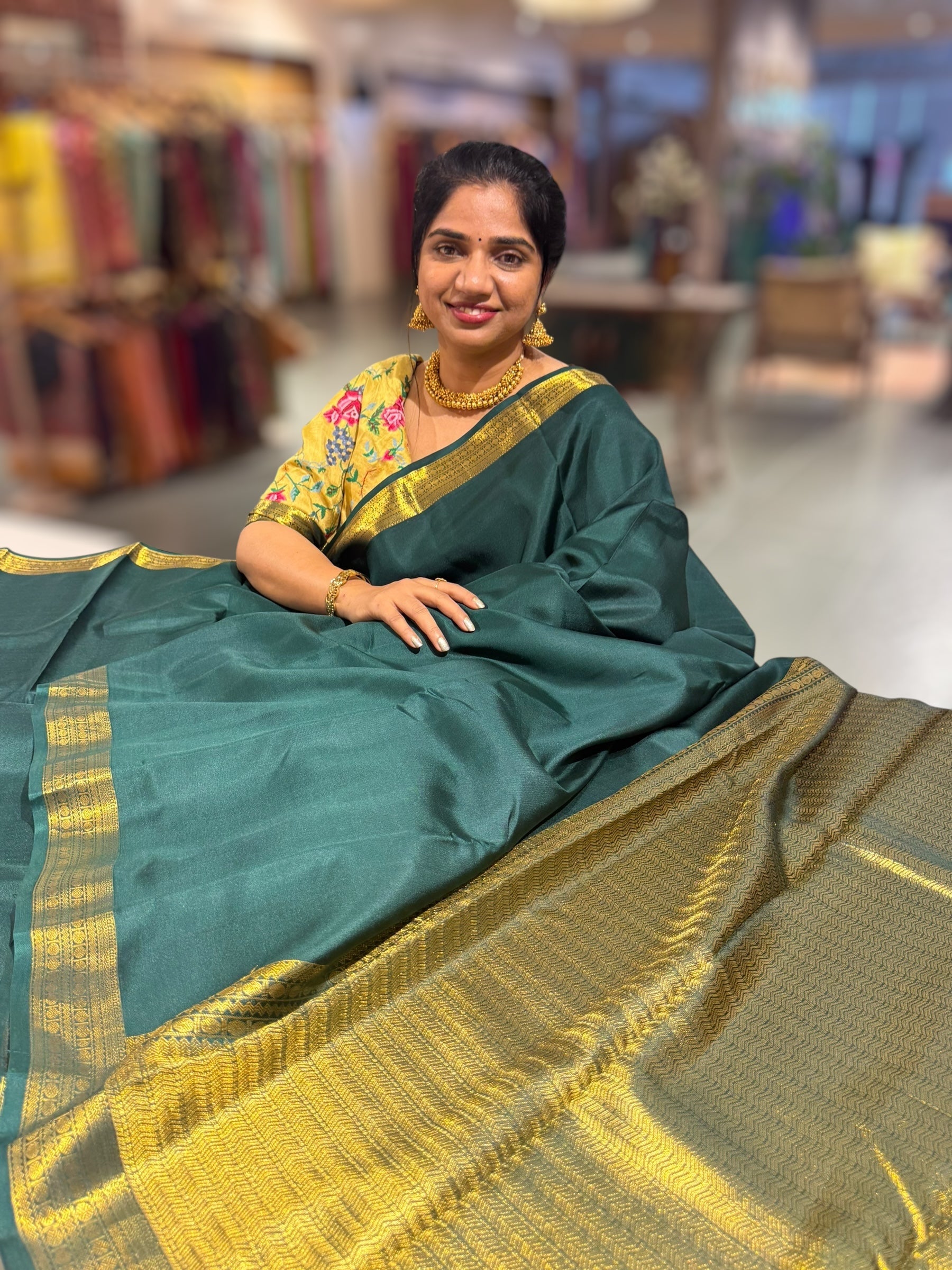 Bottle Green Kanchi Vintage Saree with Petite Point Embroidered Blouse