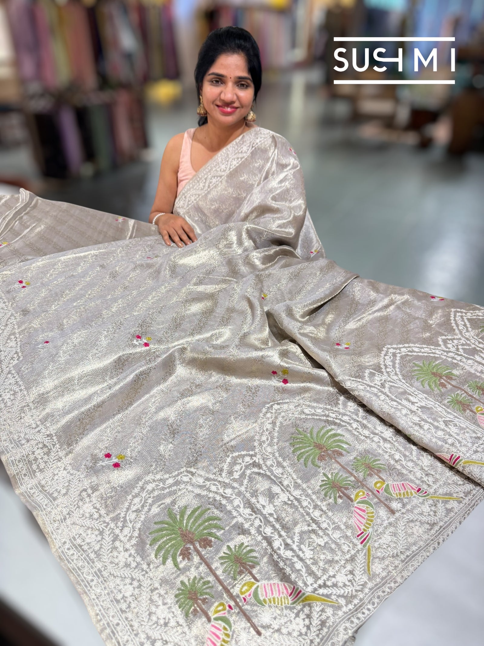 Silver Tissue Brocade Kanjeevaram with embroidery D62F038