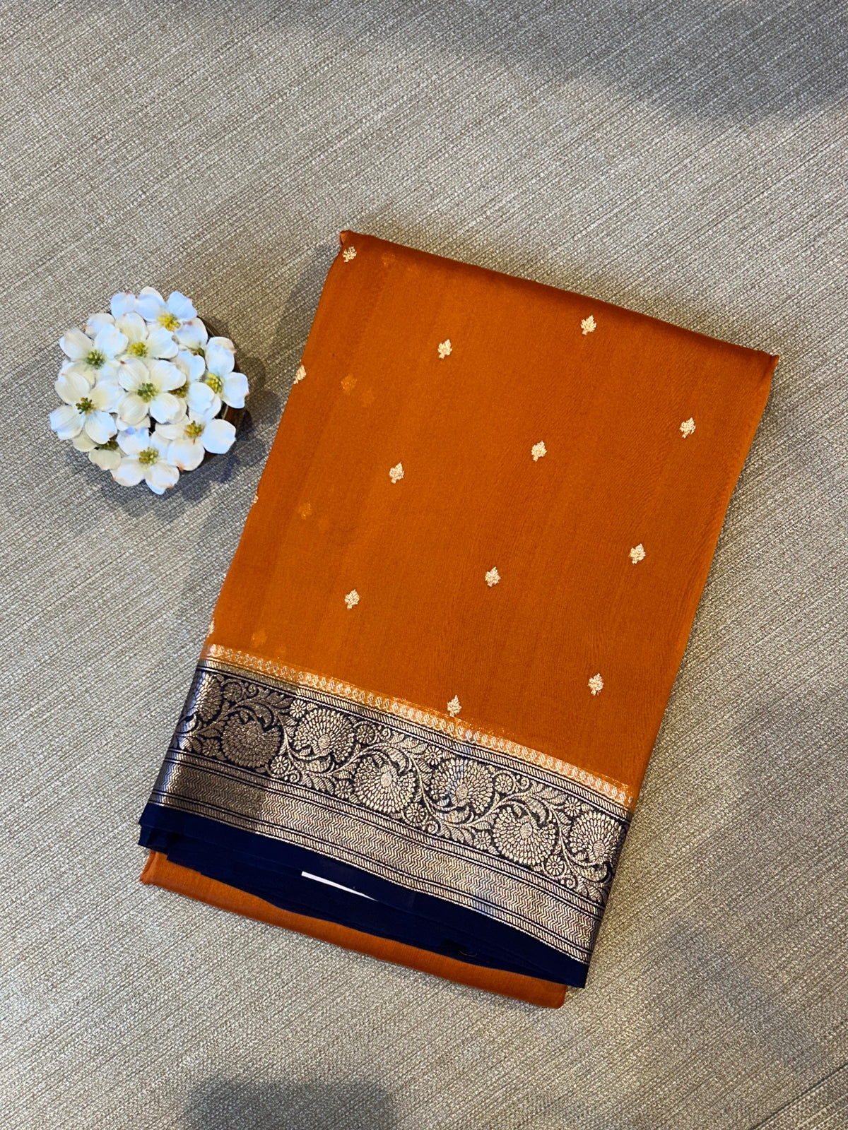 Rust with navy Combo Pure Handloom premium Kora Banarasi Saree