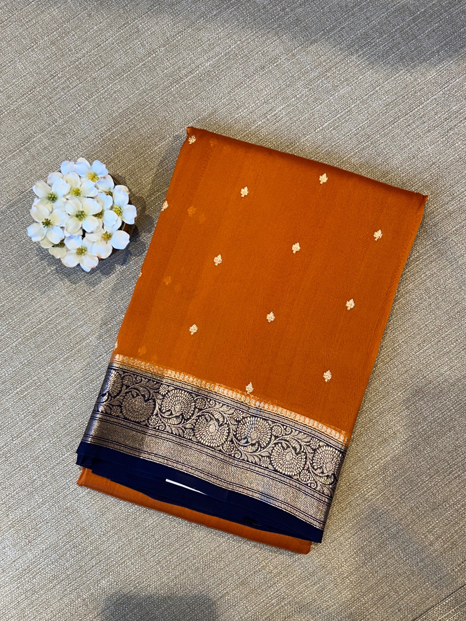 Rust with navy Combo Pure Handloom premium Kora Banarasi Saree