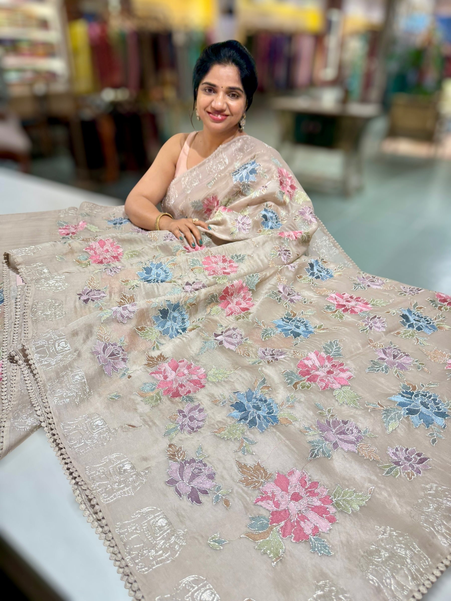 Taupe Organza Saree with Allover floral Thread Embroidery