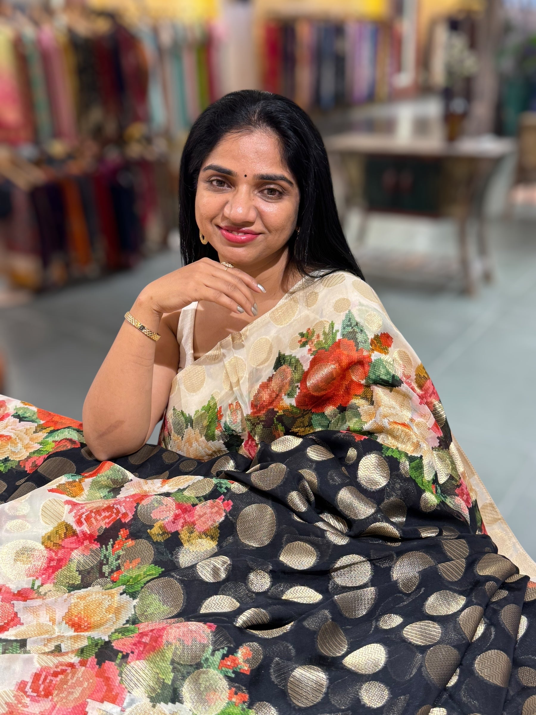 Black Banarasi Kora Gorgette Polka dot Printed Sareep