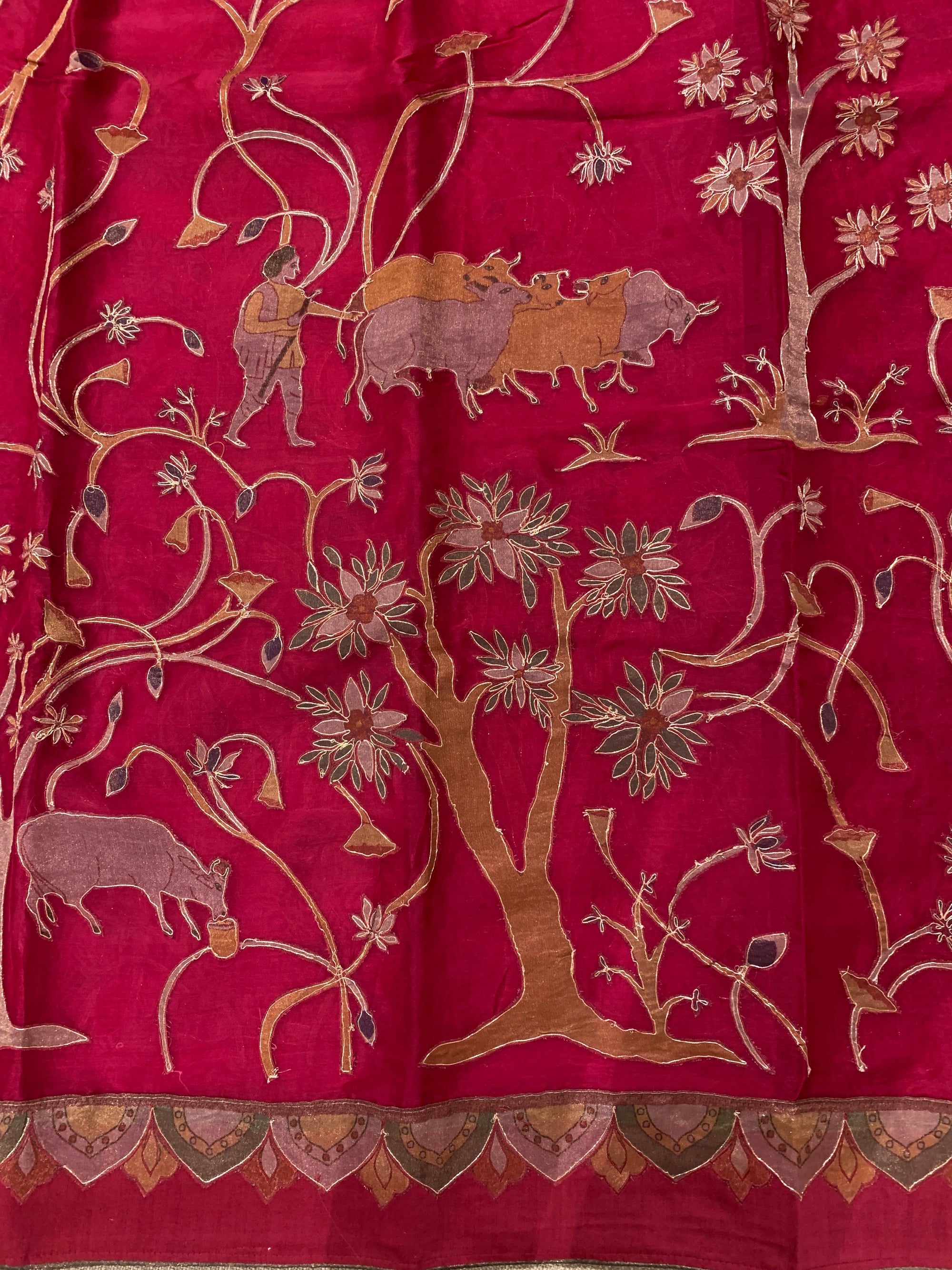 Ruby Pink Designer Organza Saree with Stunning Tissue Applique work Saree with Village theme