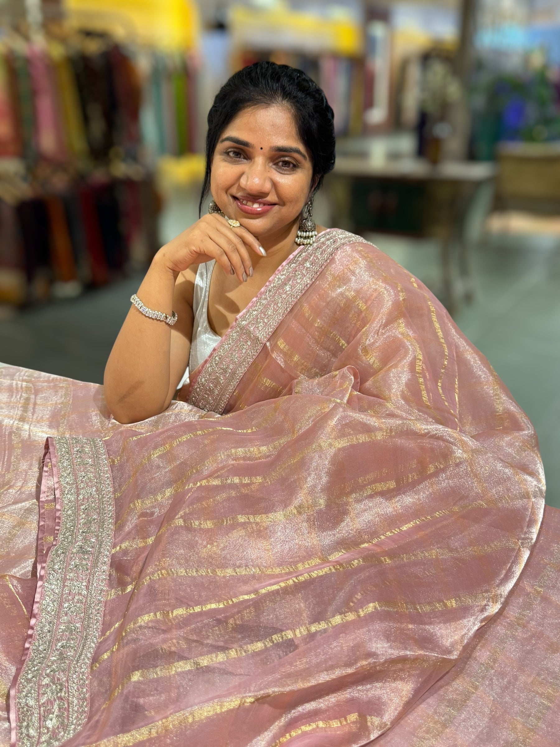 Pastel Pink Banarasi Tissue checks Saree with Sabyasachi Borders
