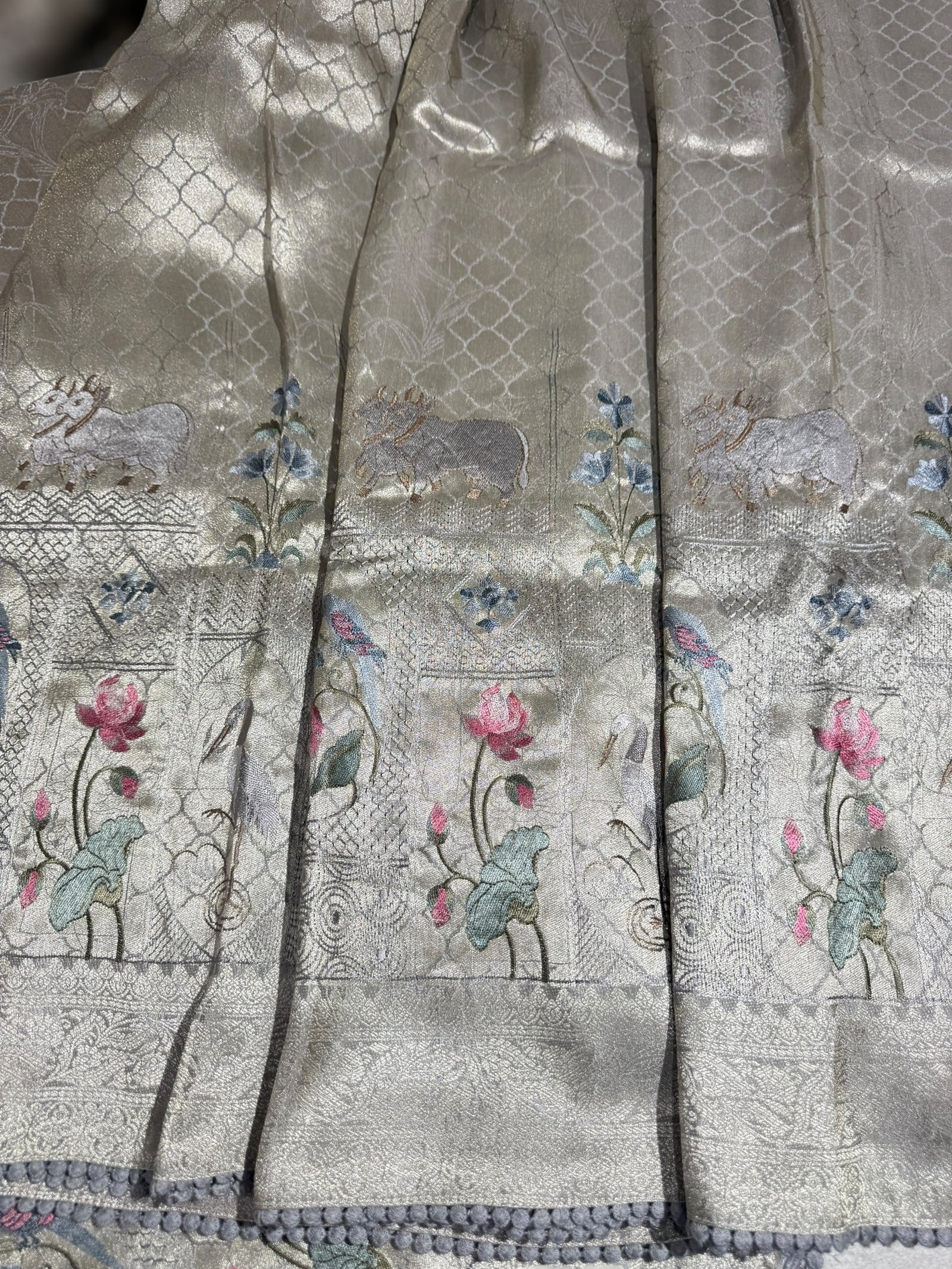 Silverish Grey Fancy Banarasi saree with embroidery