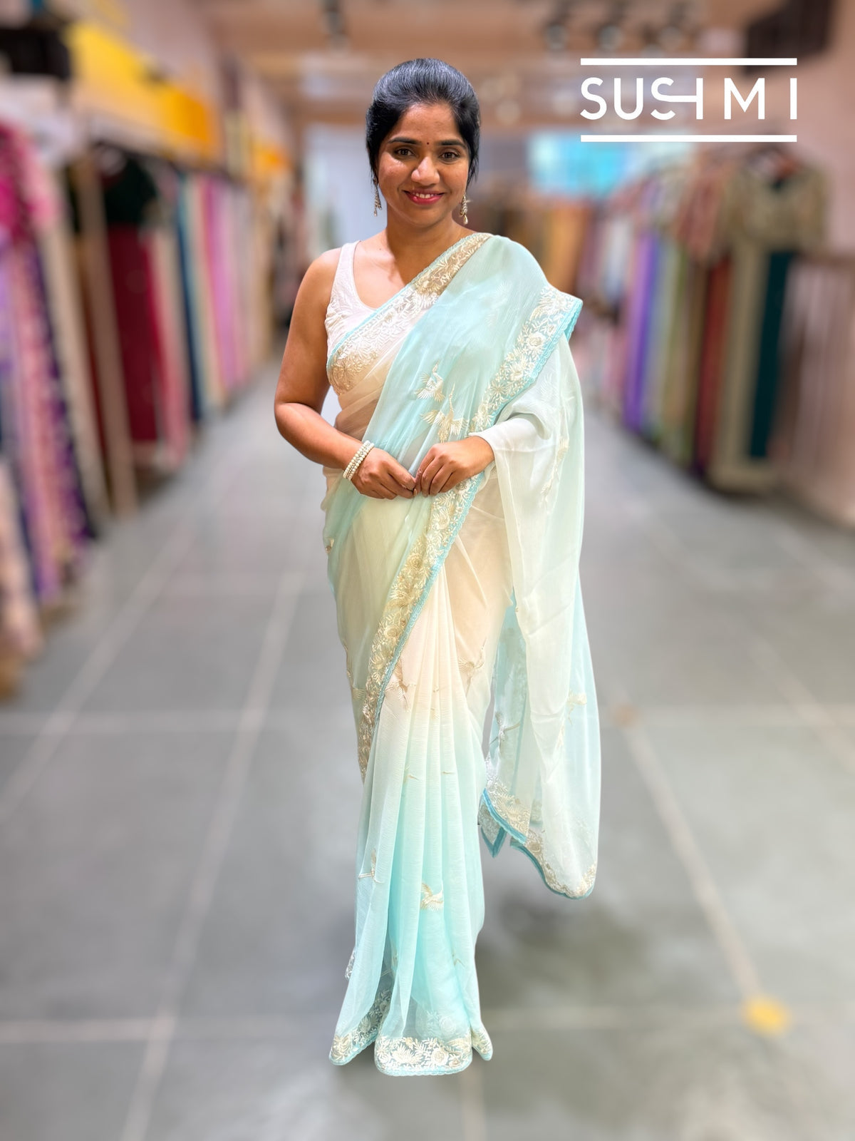 Pastel Blue ombre dyed pure chiffon saree with parsigara embroidery : S62F070