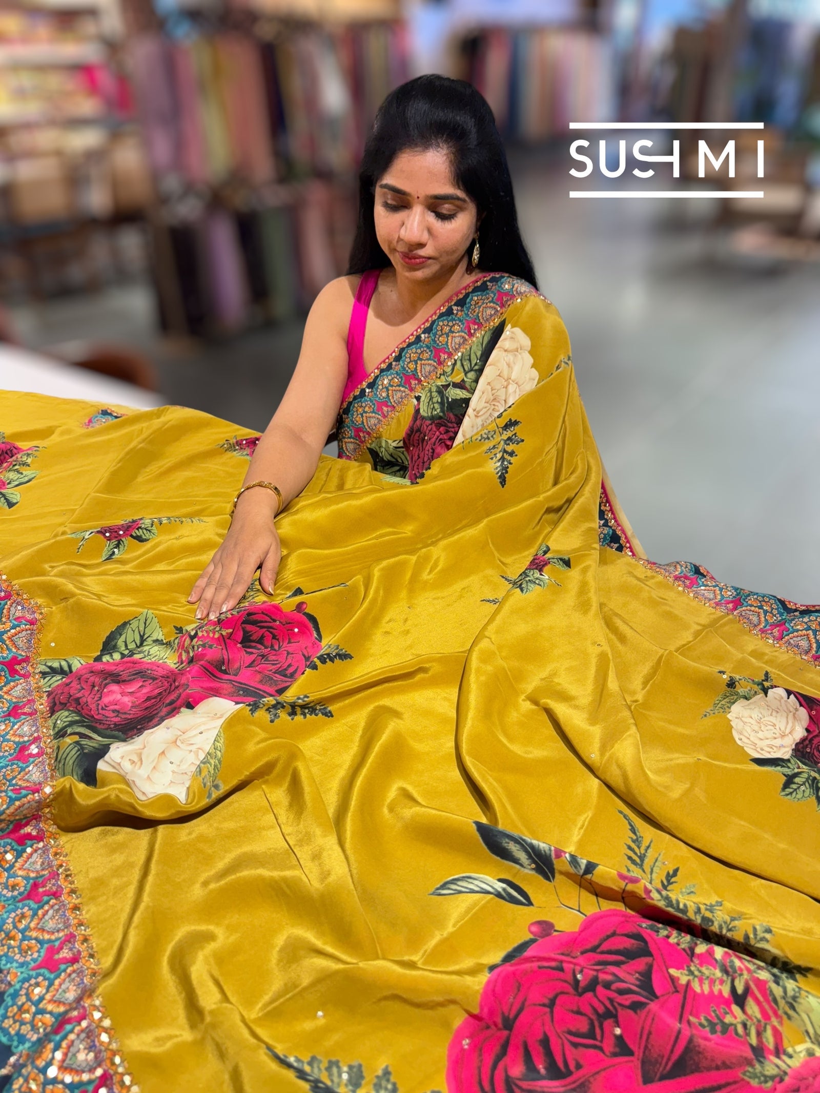 Mustard Gold Designer Crepe Silk Saree : D62F030