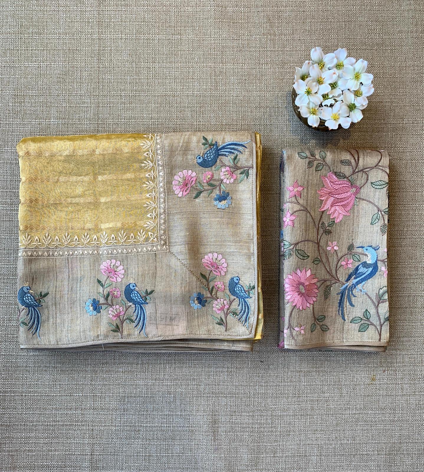 Yellow Pure Handloom Tissue Saree with pure Tussar embroidered border