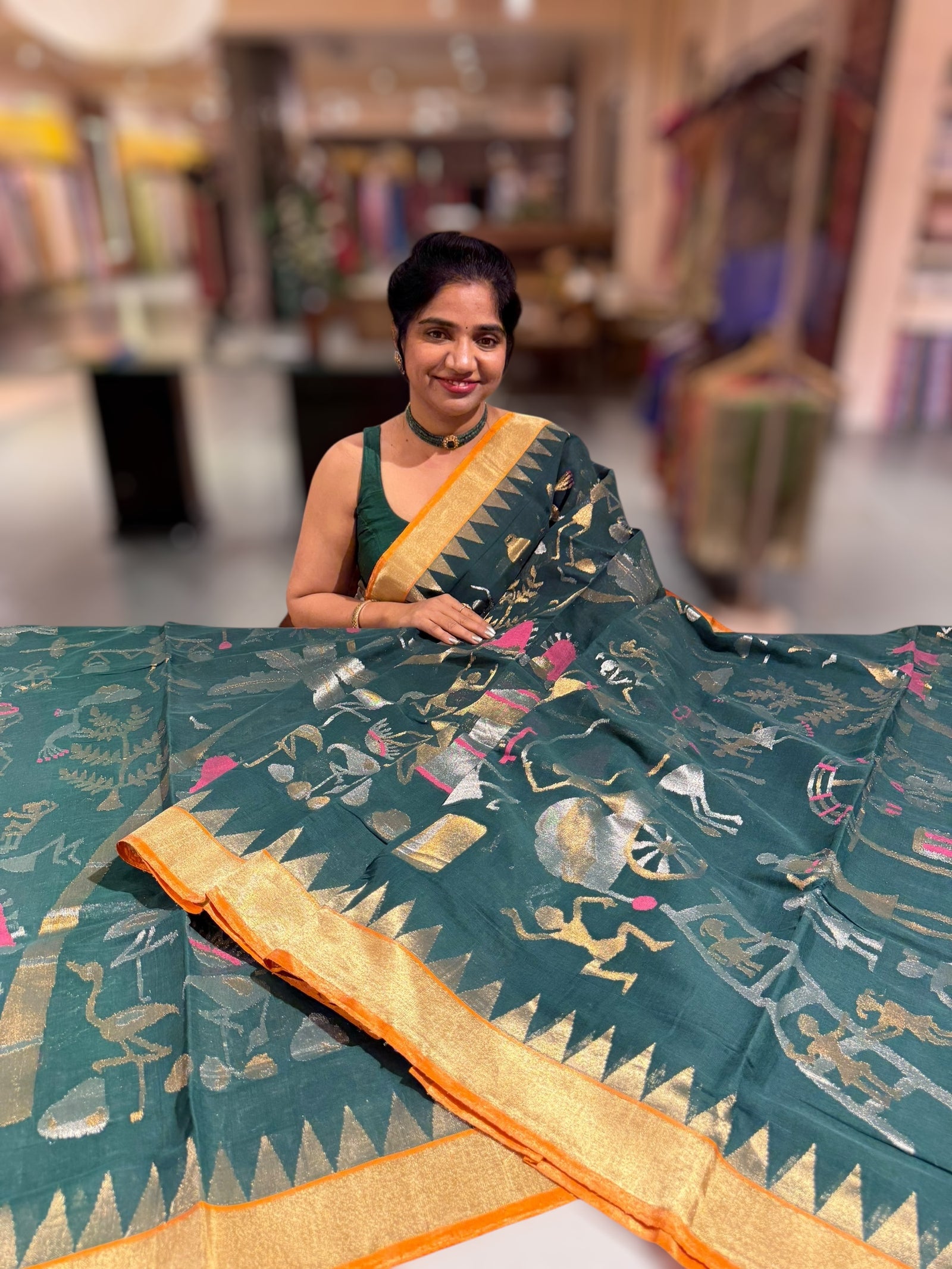 Forest Green Ponduru Khadi Jamdani Allover Weaving Saree with village Theme