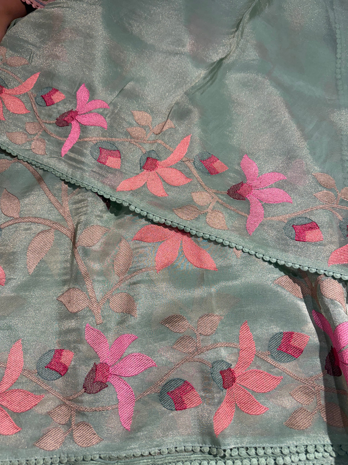 Mint Peach Tissue georgette saree with embroidery