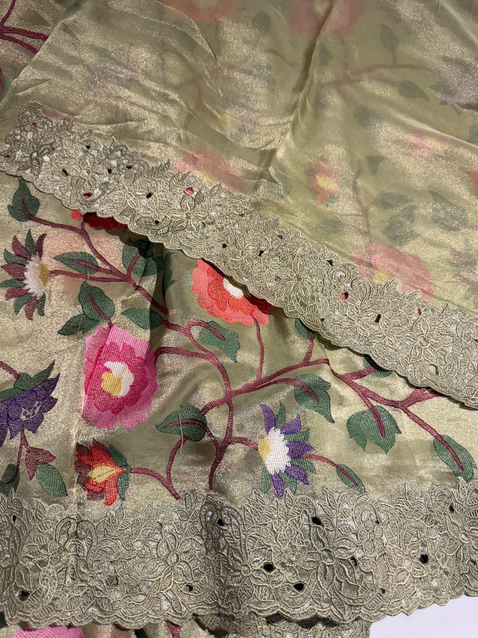 Sage Green Tissue georgette with embroidery and cutwork border