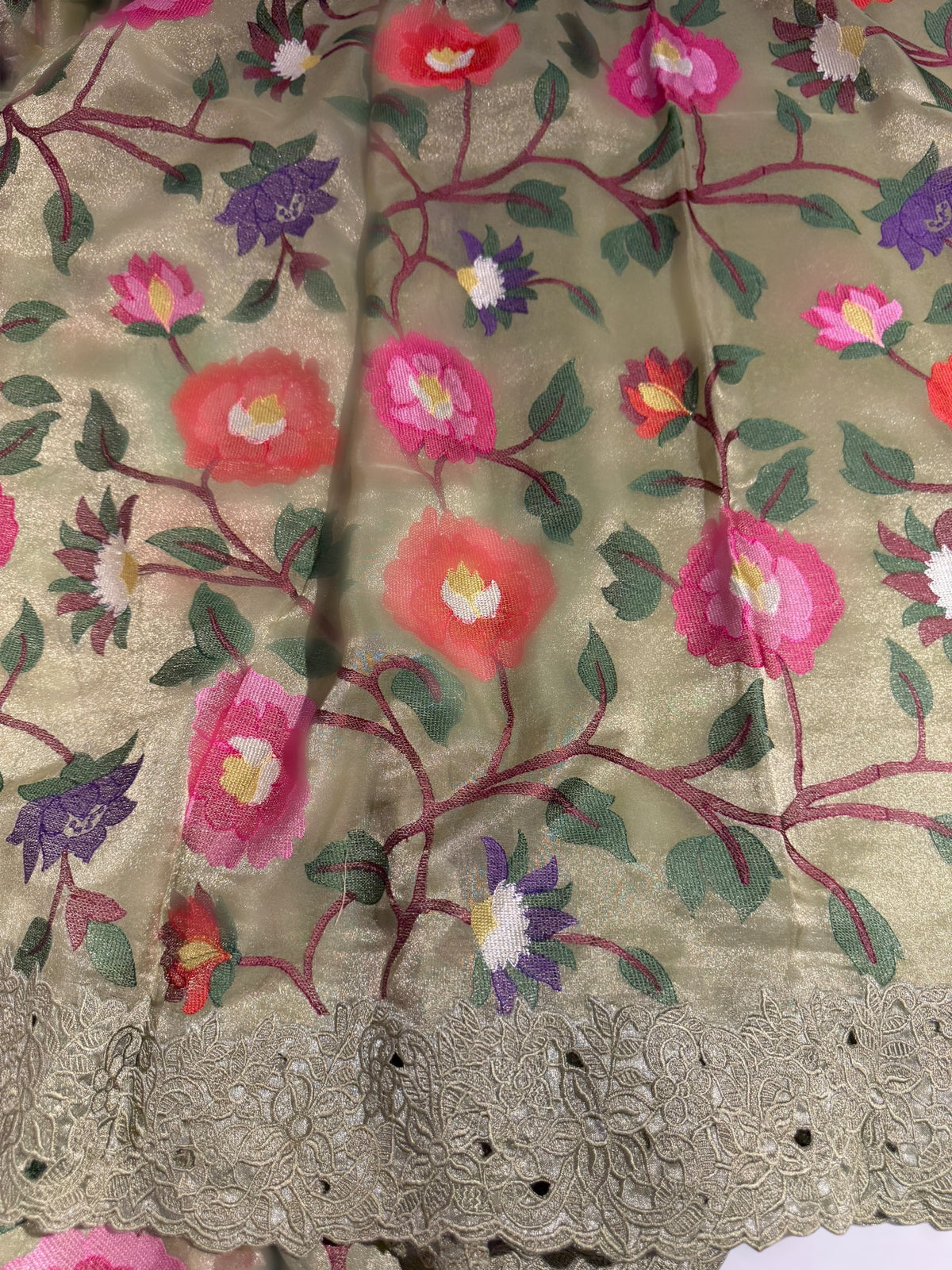 Sage Green Tissue georgette with embroidery and cutwork border