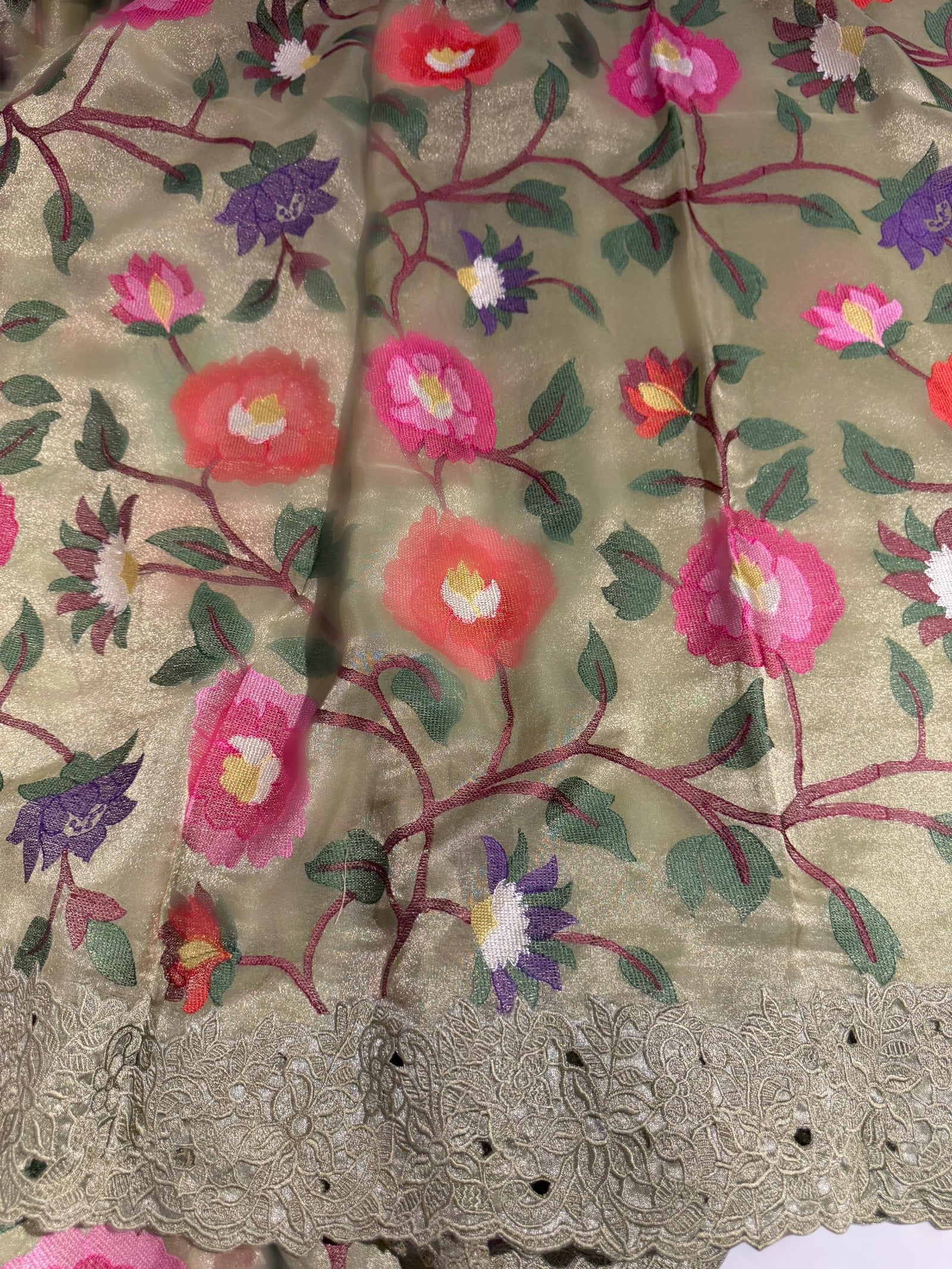 Sage Green Tissue georgette with embroidery and cutwork border