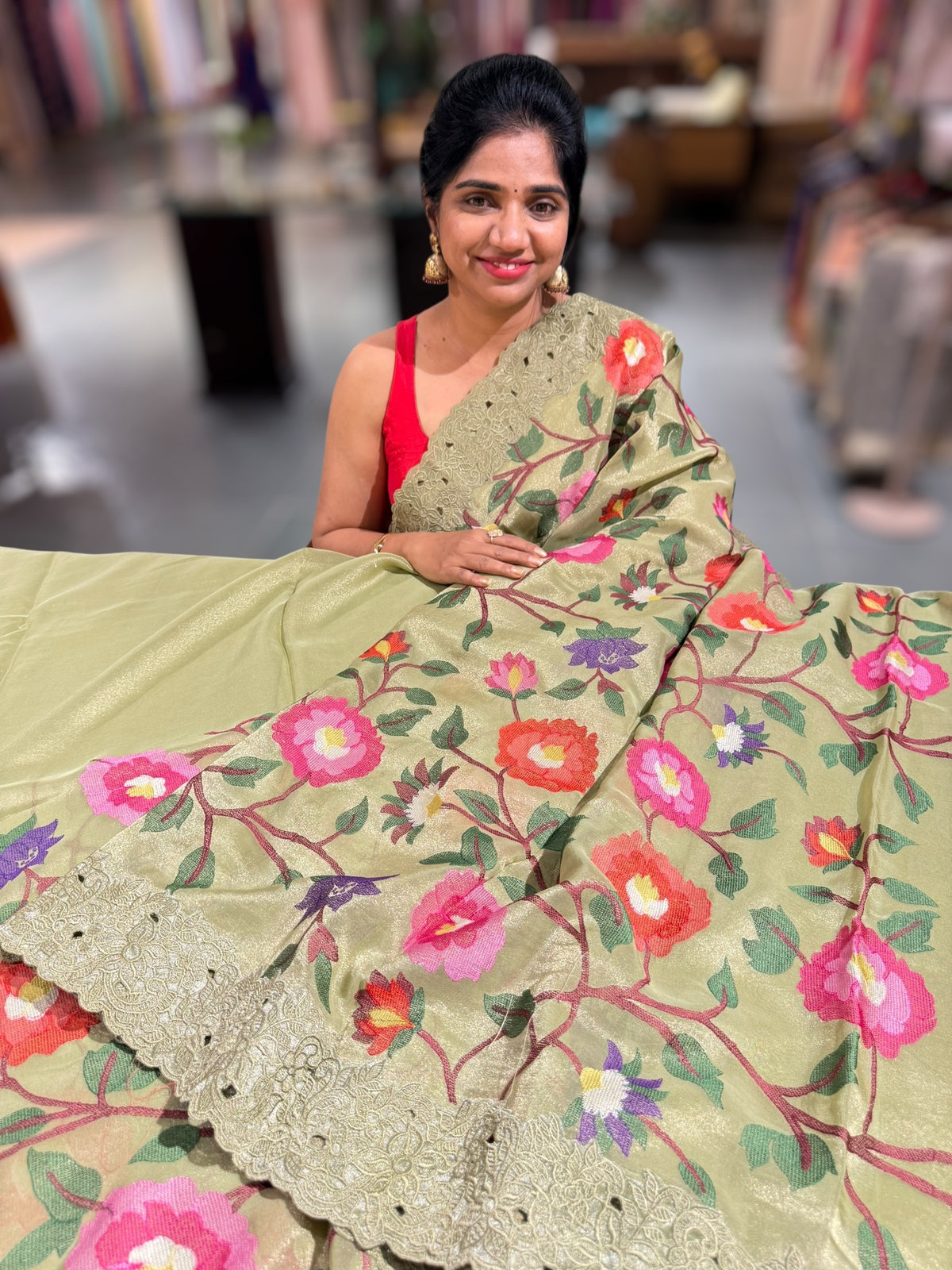 Sage Green Tissue georgette with embroidery and cutwork border