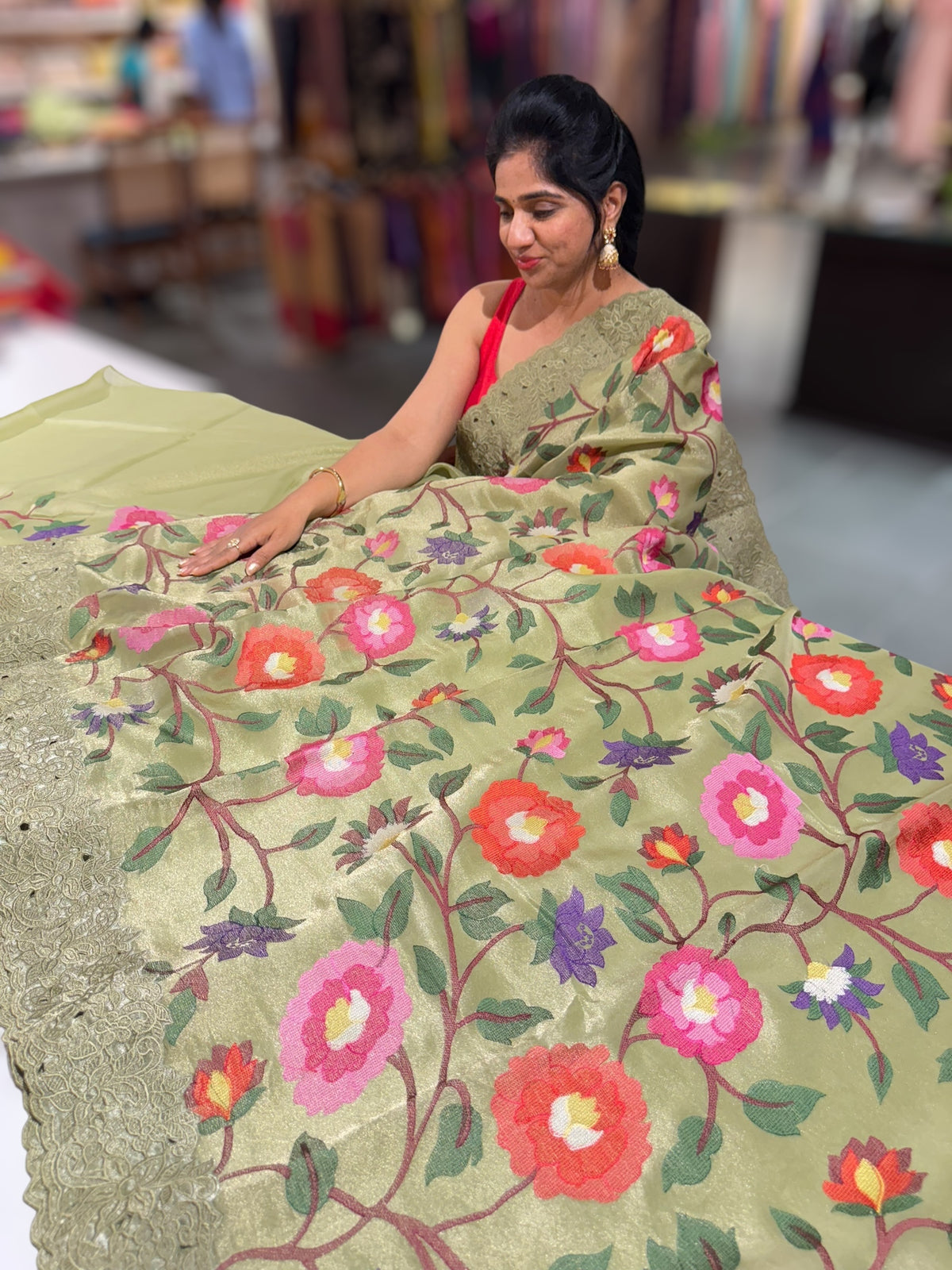 Sage Green Tissue georgette with embroidery and cutwork border