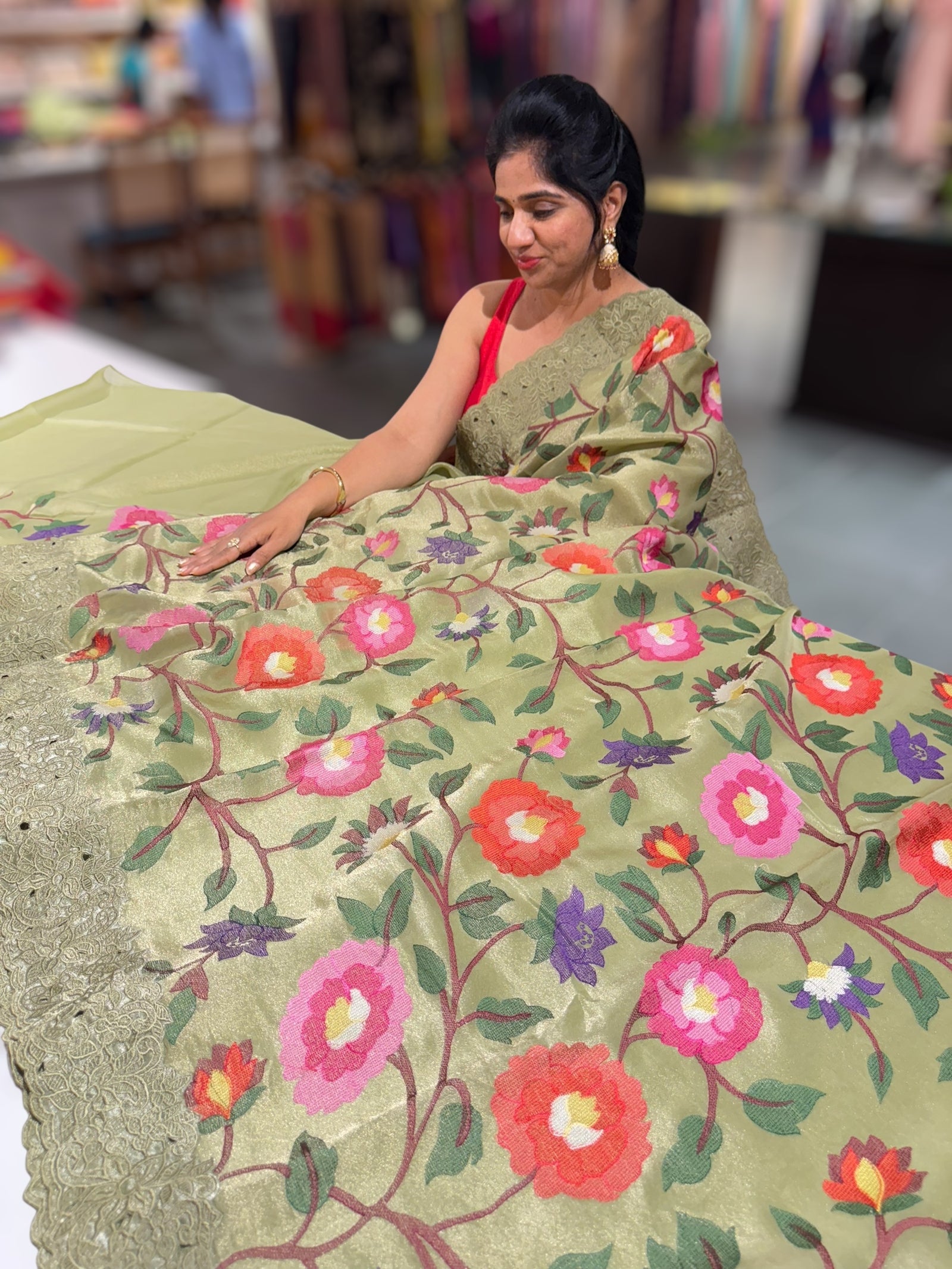 Sage Green Tissue georgette with embroidery and cutwork border