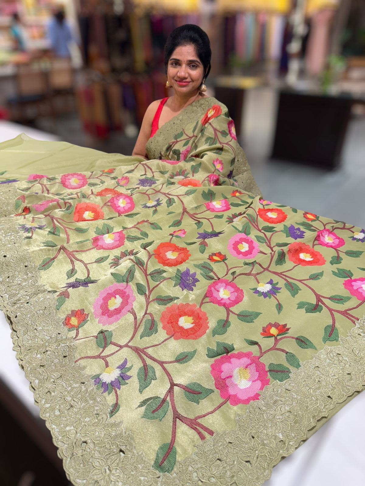 Sage Green Tissue georgette with embroidery and cutwork border