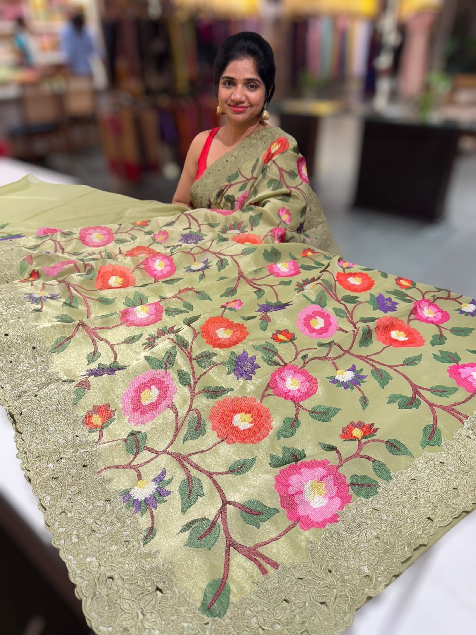 Sage Green Tissue georgette with embroidery and cutwork border