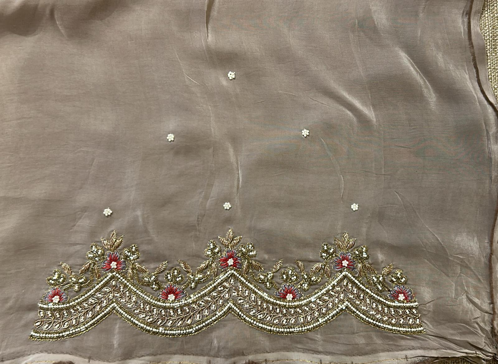 English Tone Organza lehariya and floral Printed Saree with handwork scalloped Border