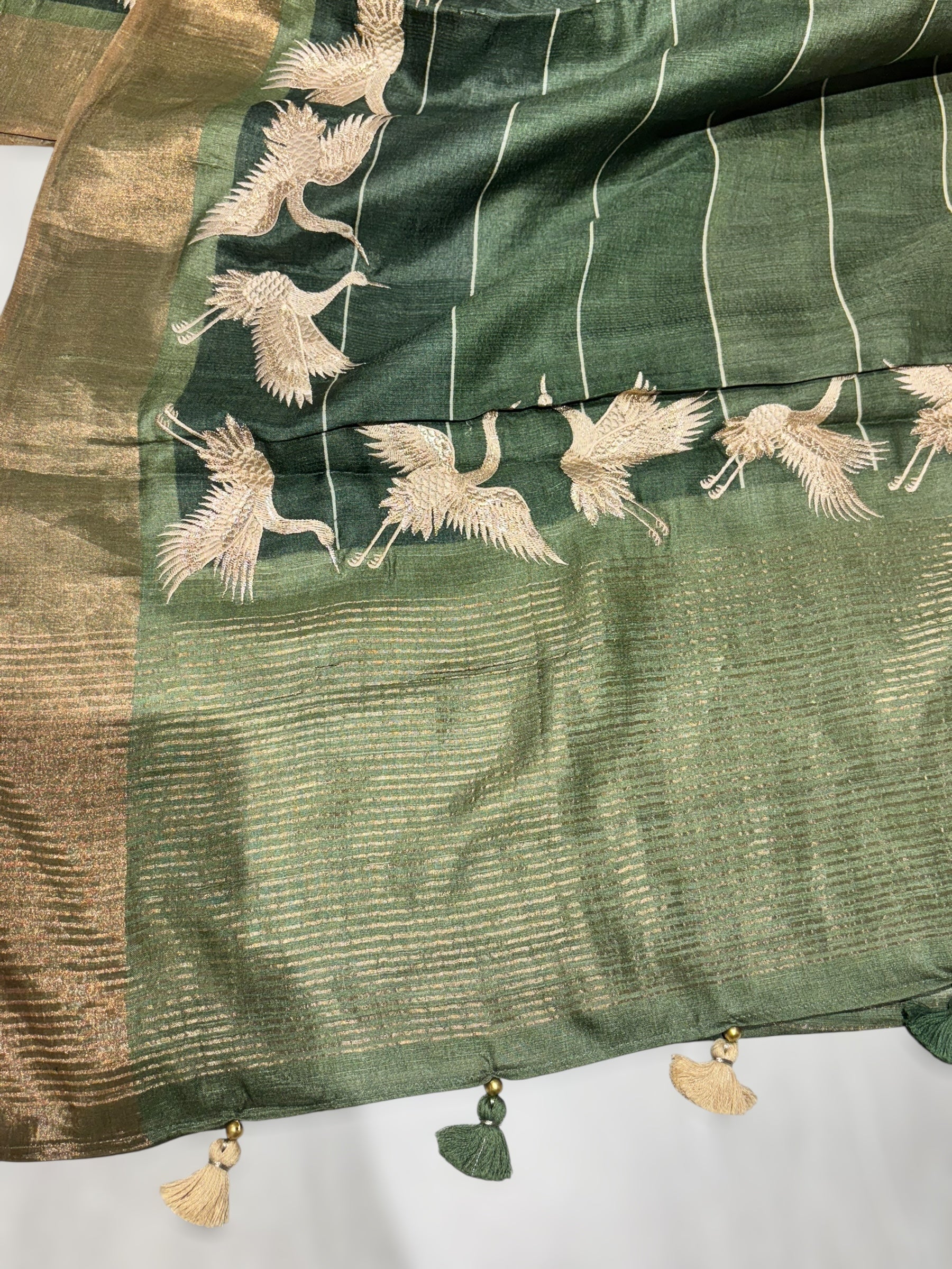 Tussar Rangkaat Saree With Crane Bird  Embroidered Border