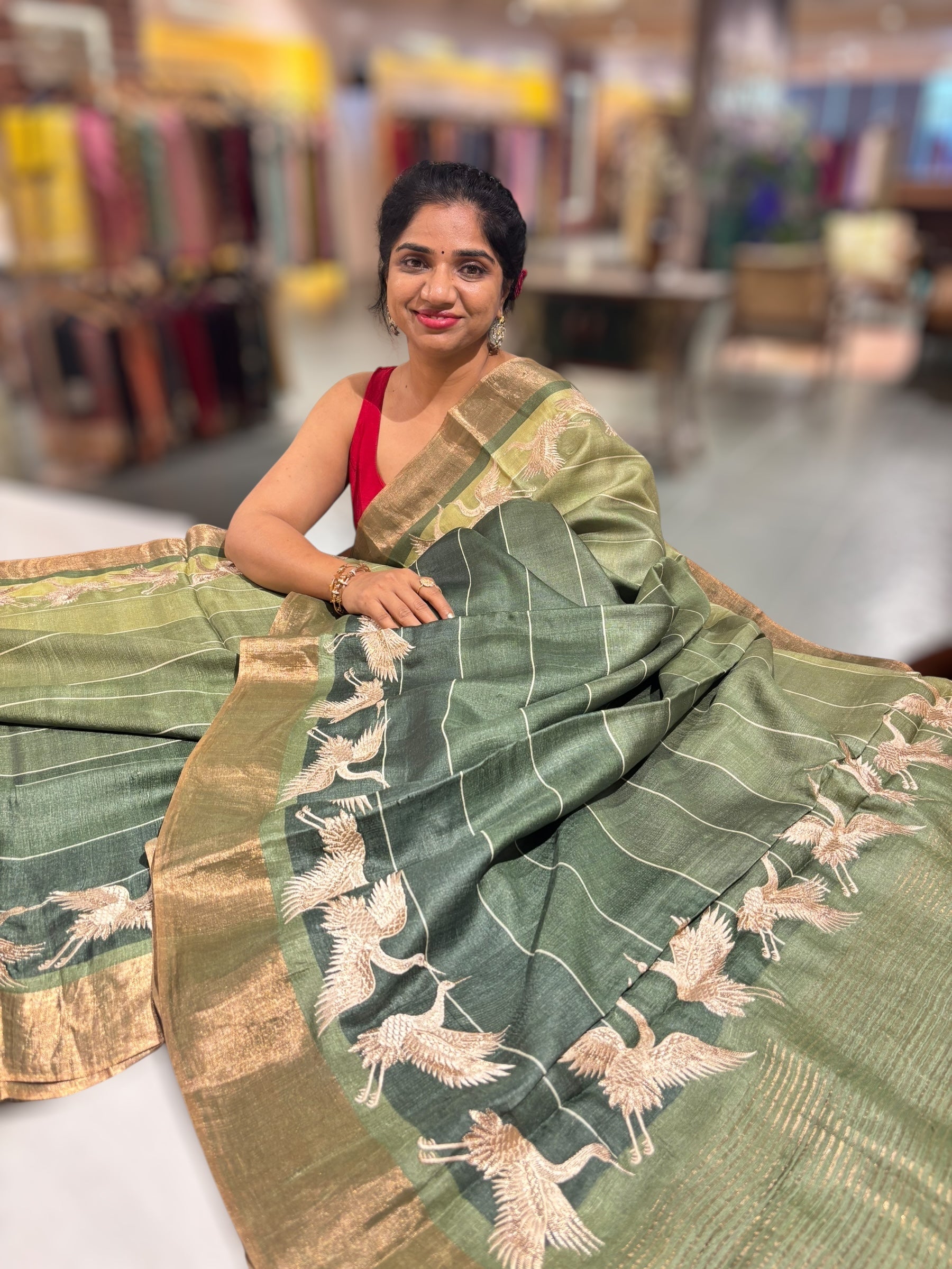 Tussar Rangkaat Saree With Crane Bird  Embroidered Border